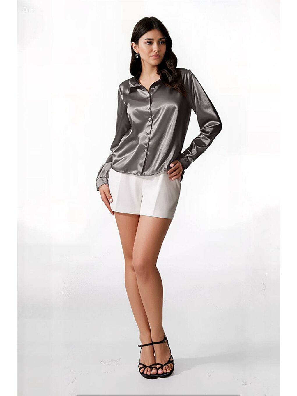 Kadın Antrasit Hafif Dökümlü Saten Yüzeyli Gömlek Hzl22w-bd139641-1