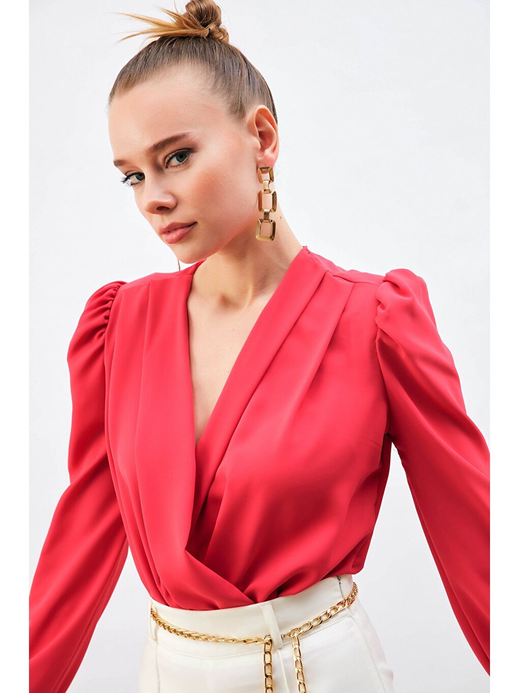 Kruvaze Vatkalı Bodysuit - Mercan-3