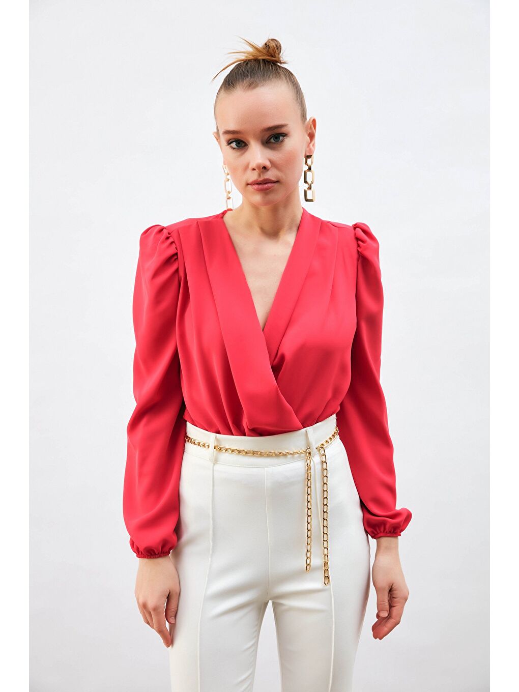 Kruvaze Vatkalı Bodysuit - Mercan-4