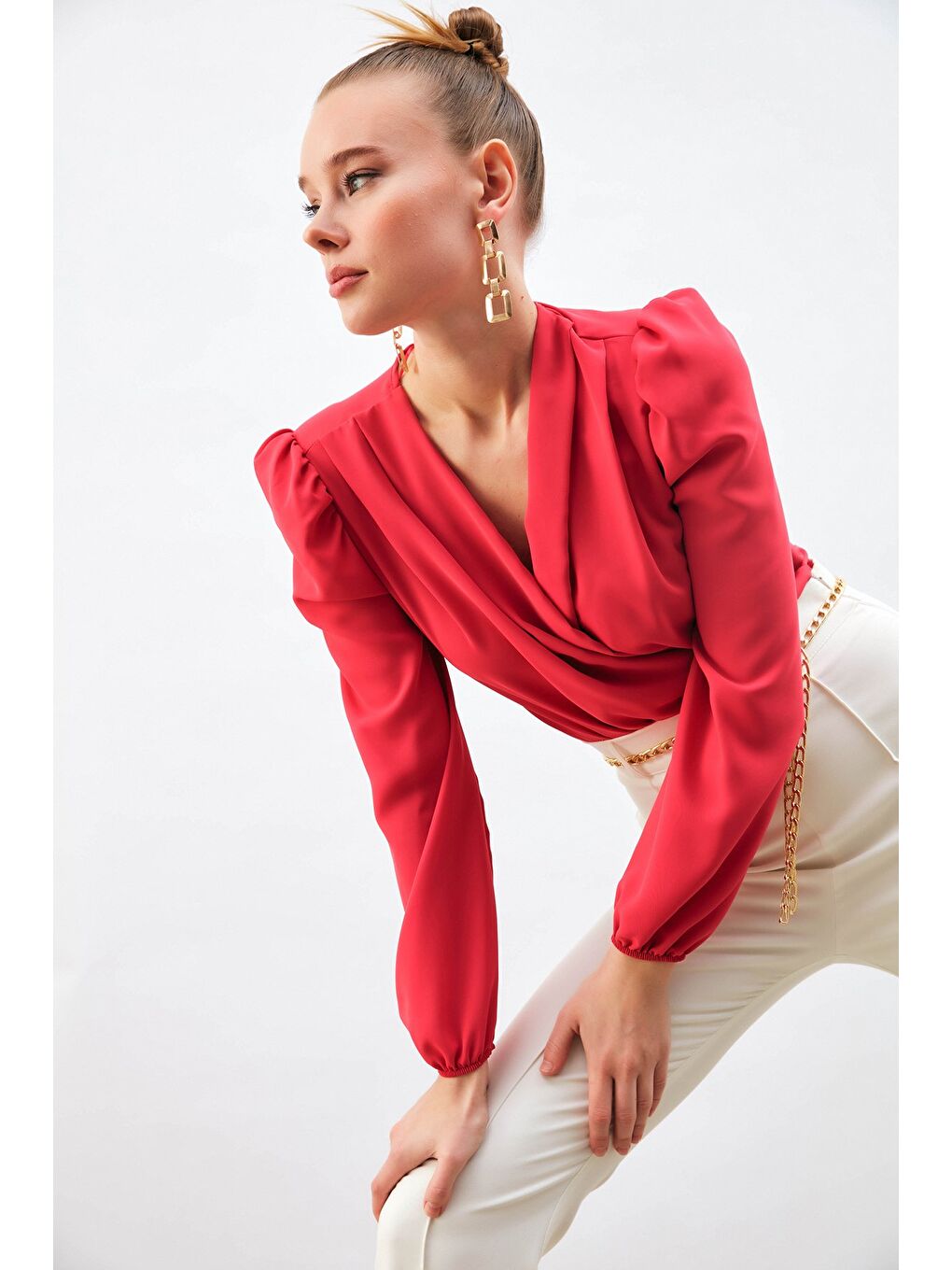 Kruvaze Vatkalı Bodysuit - Mercan-5