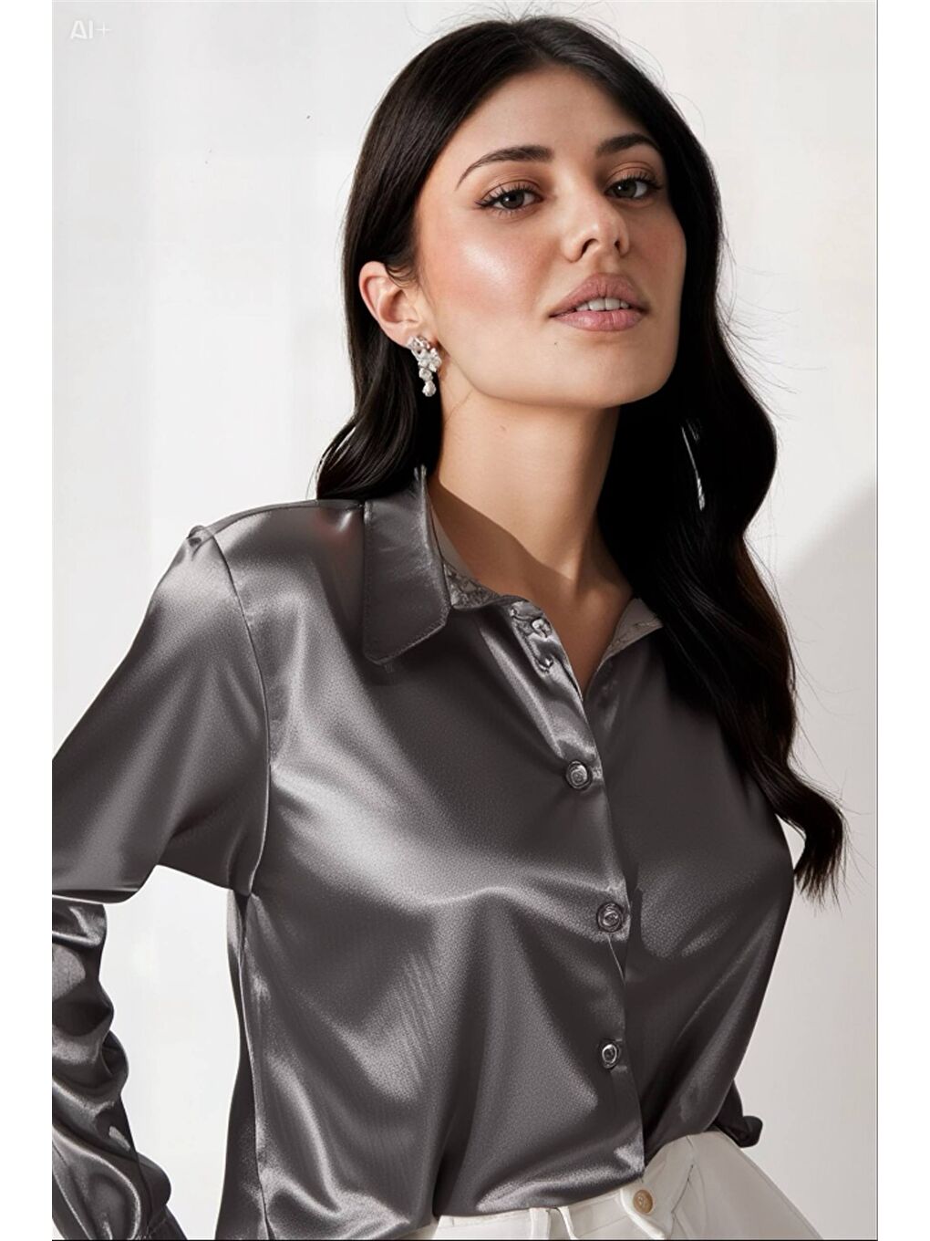 Kadın Antrasit Hafif Dökümlü Saten Yüzeyli Gömlek Hzl22w-bd139641-2