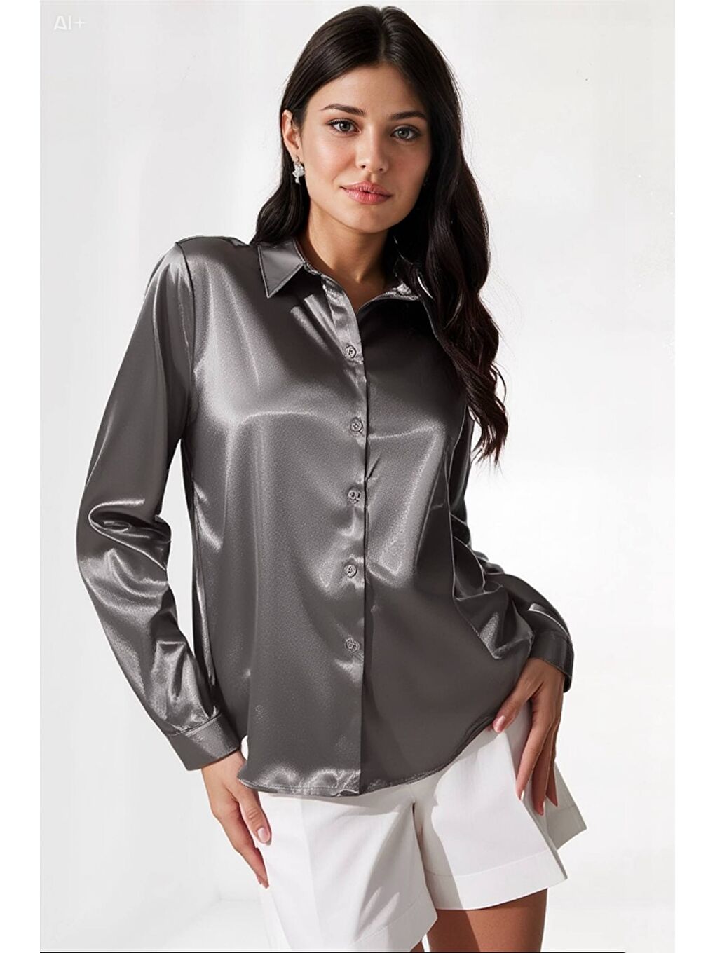 Kadın Antrasit Hafif Dökümlü Saten Yüzeyli Gömlek Hzl22w-bd139641-3