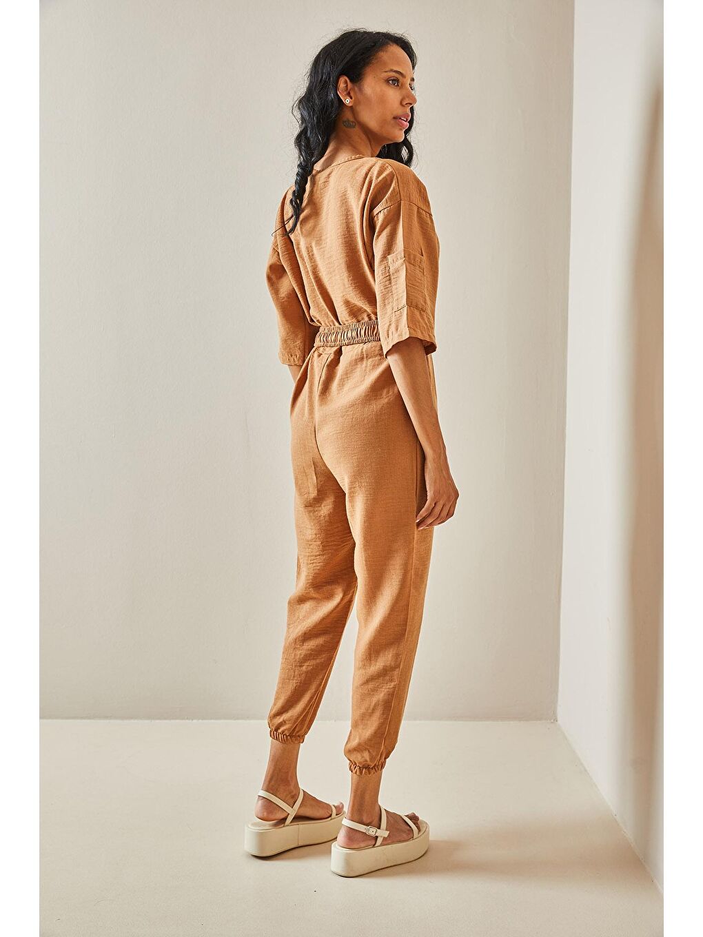 Sarı Camel Rengi Beli Kemerli Tulum 3YXK6-47404-53-1