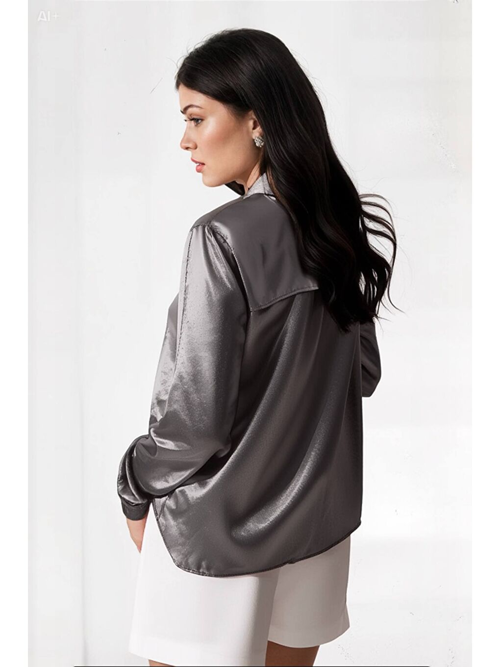 Kadın Antrasit Hafif Dökümlü Saten Yüzeyli Gömlek Hzl22w-bd139641-4