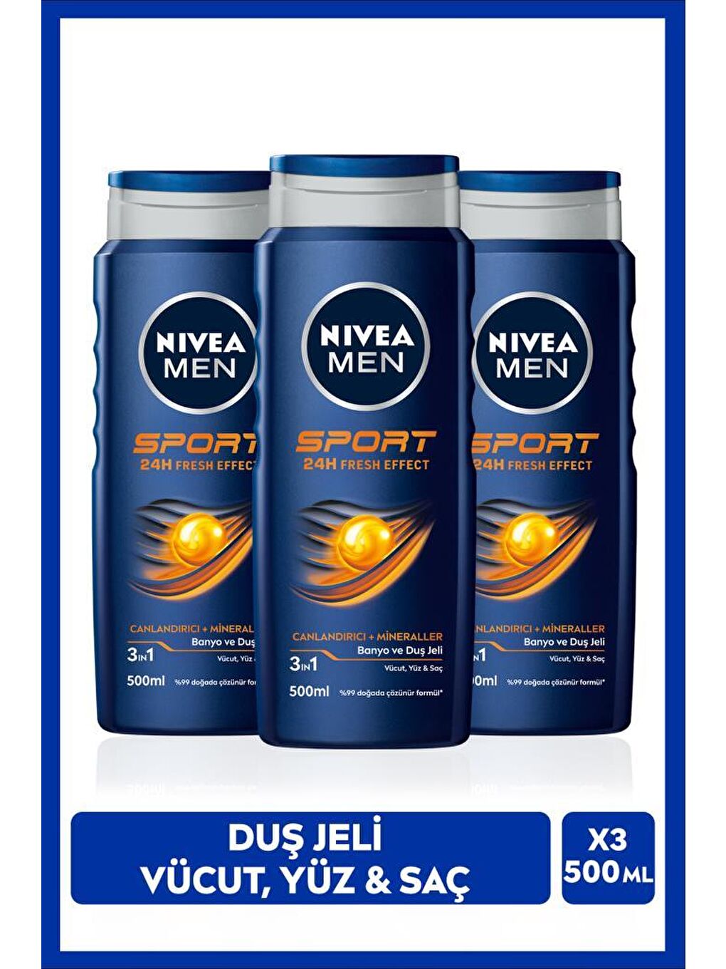 NIVEA Men Sport Duş Jeli, Vücut, Yüz Ve Saç Şampuanı 500 ml X3 Adet