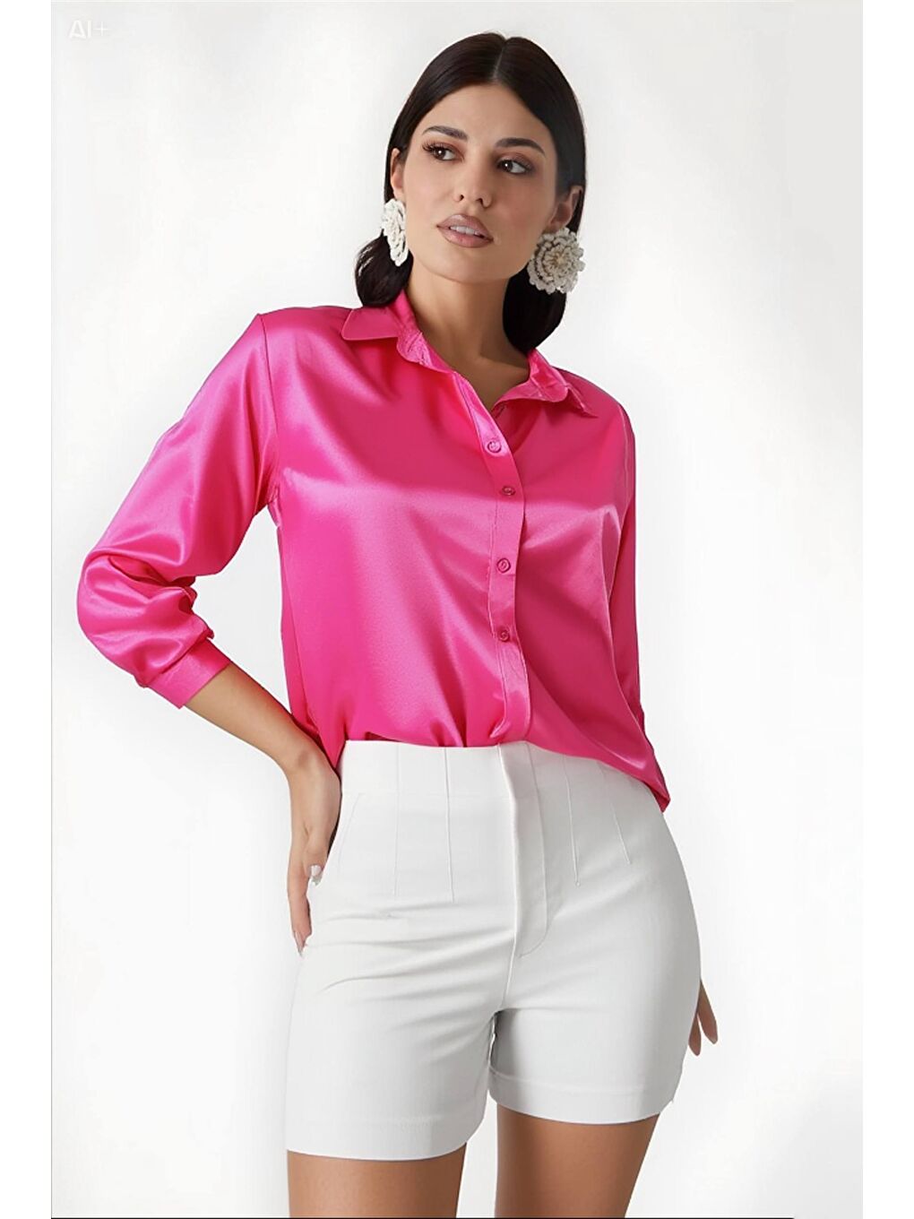 Kadın Canlı Pembe Hafif Dökümlü Saten Yüzeyli Gömlek Hzl22w-bd139641