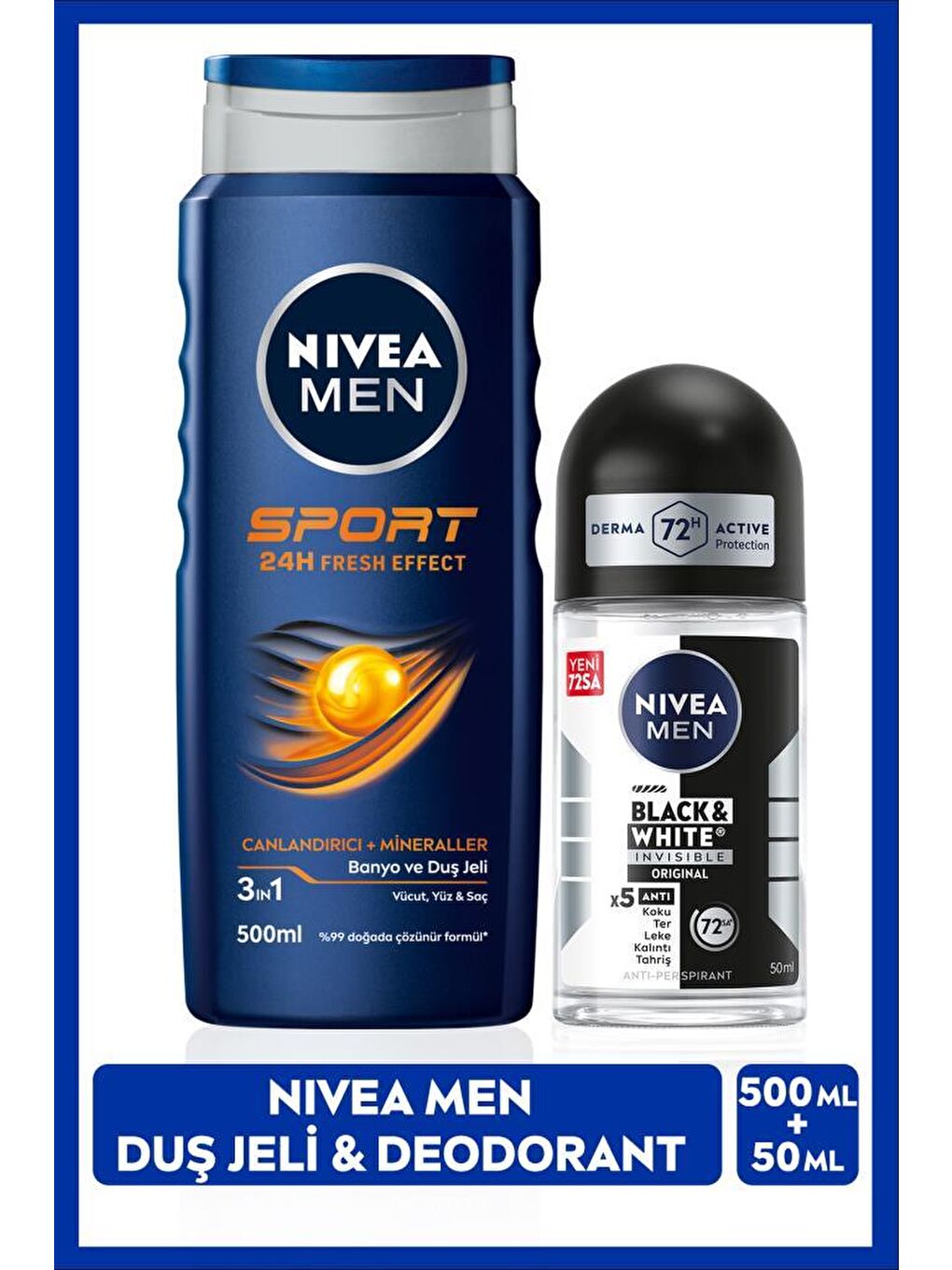 Men Kişisel Bakım Seti Duş Jeli 500 ml, Invisible Black&White Fresh Erkek Roll-On Deodorant 50 ml