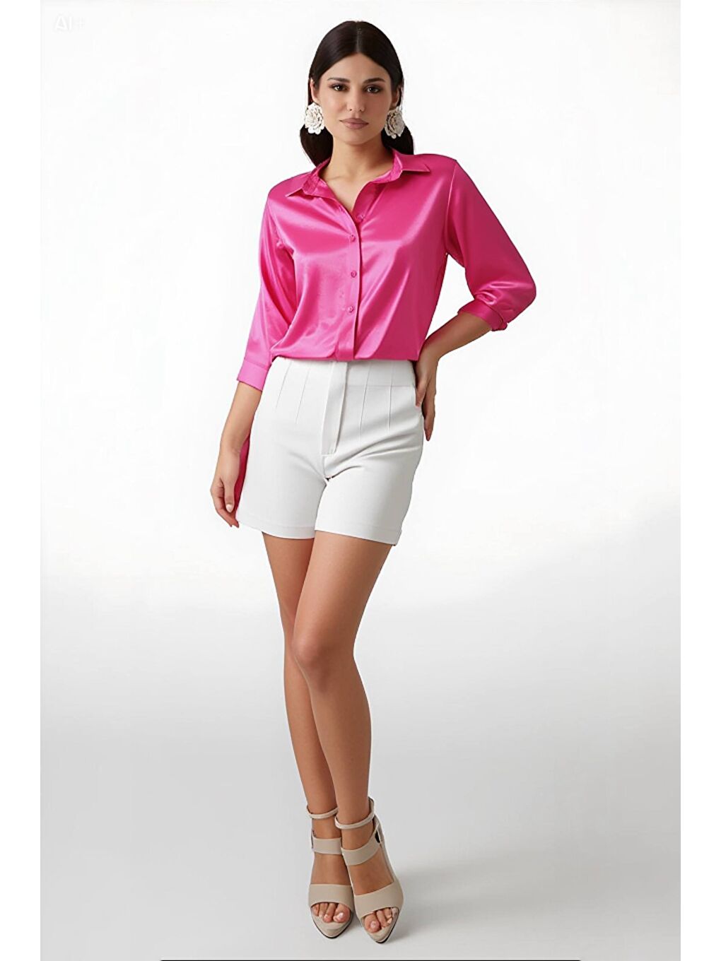 Kadın Canlı Pembe Hafif Dökümlü Saten Yüzeyli Gömlek Hzl22w-bd139641-1