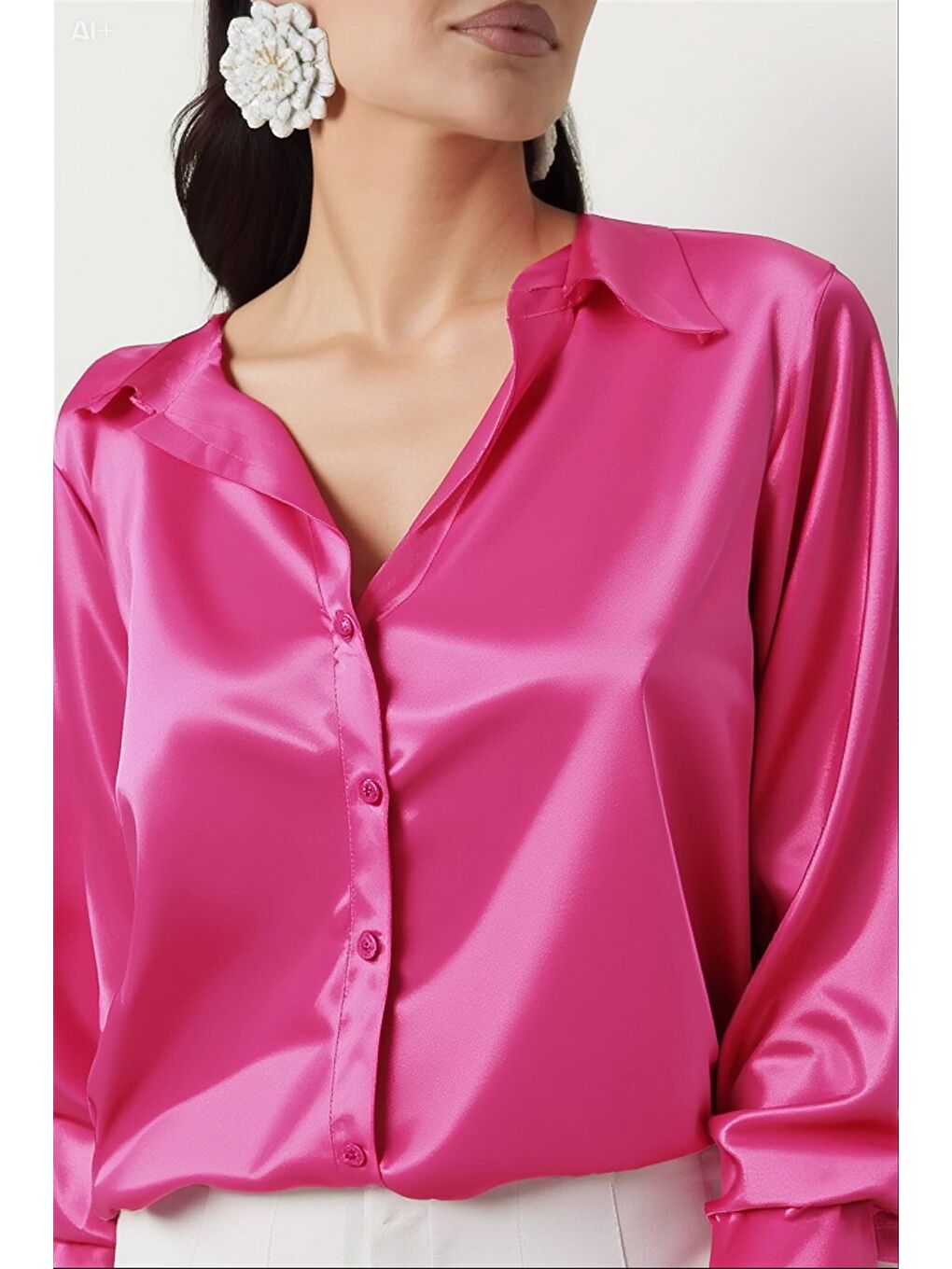 Kadın Canlı Pembe Hafif Dökümlü Saten Yüzeyli Gömlek Hzl22w-bd139641-2