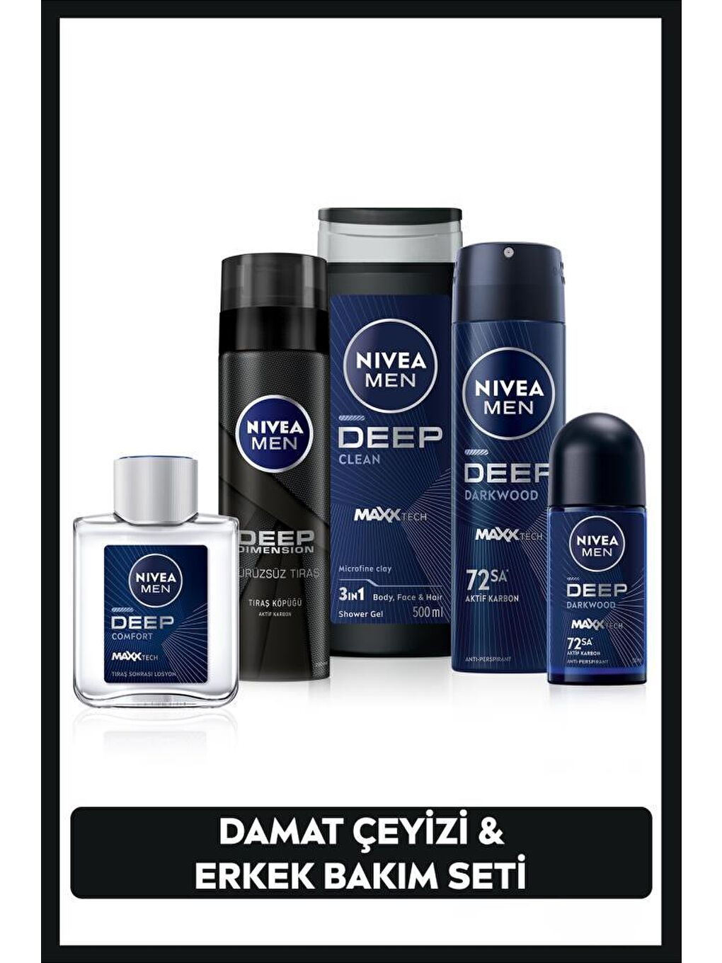 NIVEA MEN Erkek Damat Seti, Duş Jeli 500ml, Deodorant 150ml, Roll-on 50ml, Tıraş Köpüğü, Losyon100ml, Lif