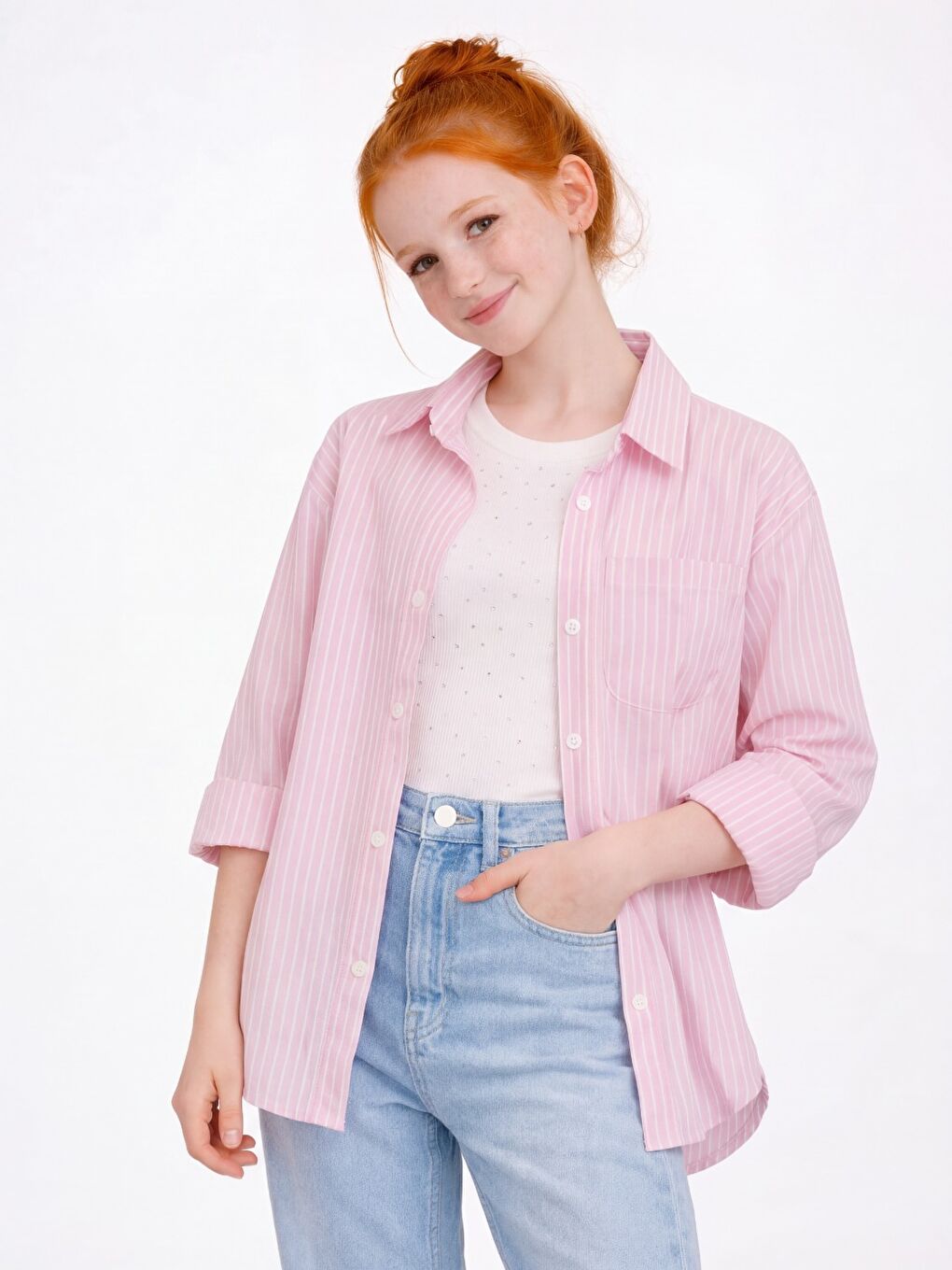 Pembe Kız Çocuk Çizgili Taşı Crop Badili Gömlek Takım Ak2606