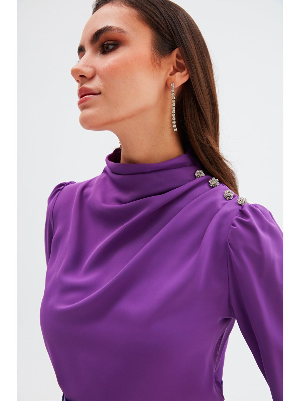 Düğmeleri Taş Detaylı Bluz - Mor-1