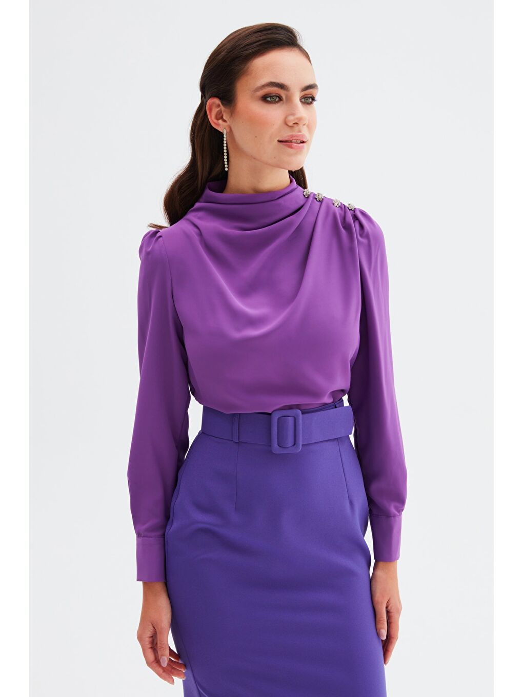 Düğmeleri Taş Detaylı Bluz - Mor-2