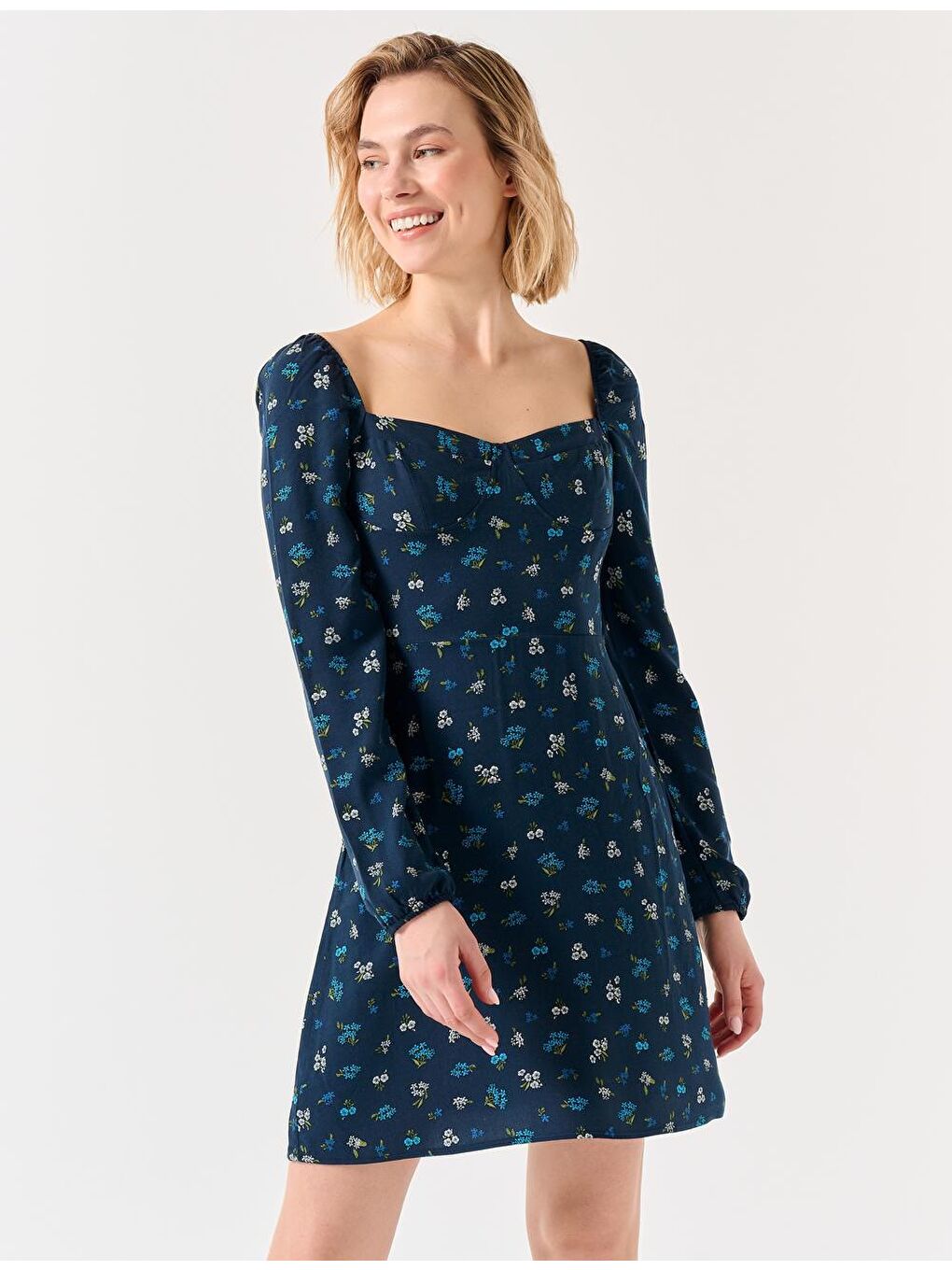 Lacivert Açık Yaka Uzun Kollu Çiçek Desenli Elbise-2