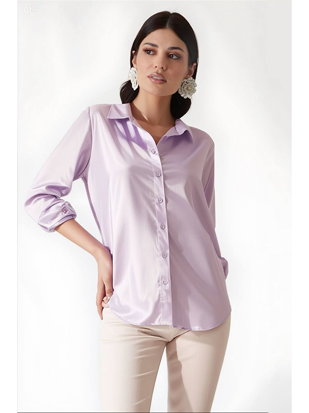 Kadın Açık Lila Hafif Dökümlü Saten Yüzeyli Gömlek HZL22W-BD139641-1