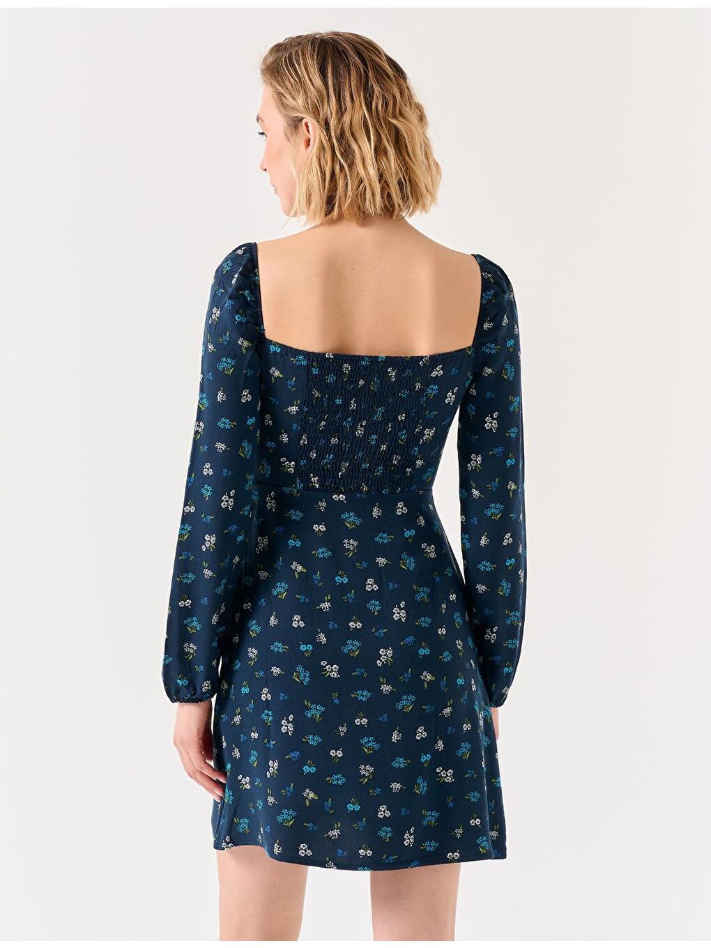 Lacivert Açık Yaka Uzun Kollu Çiçek Desenli Elbise-4