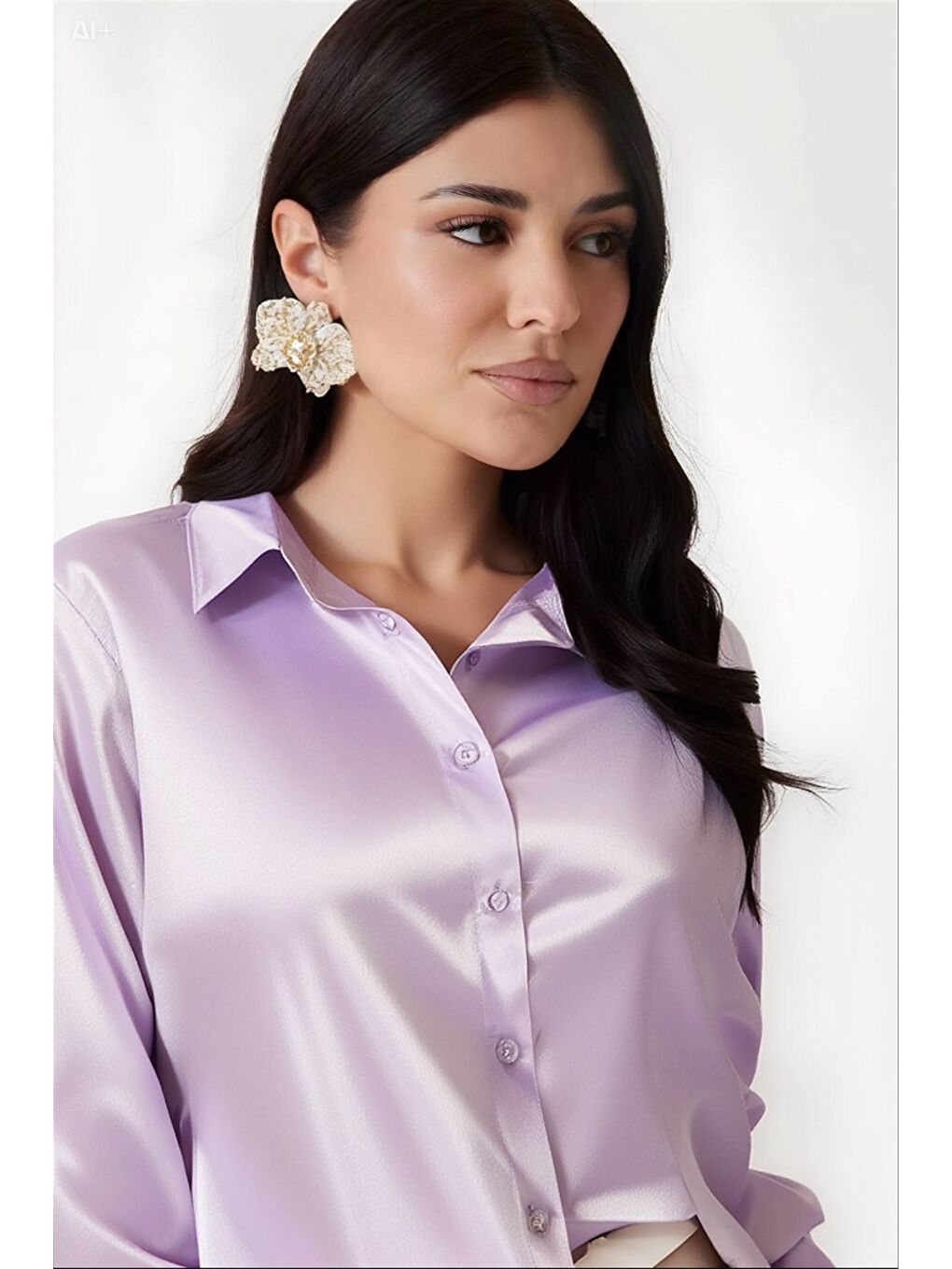 Kadın Açık Lila Hafif Dökümlü Saten Yüzeyli Gömlek HZL22W-BD139641-2