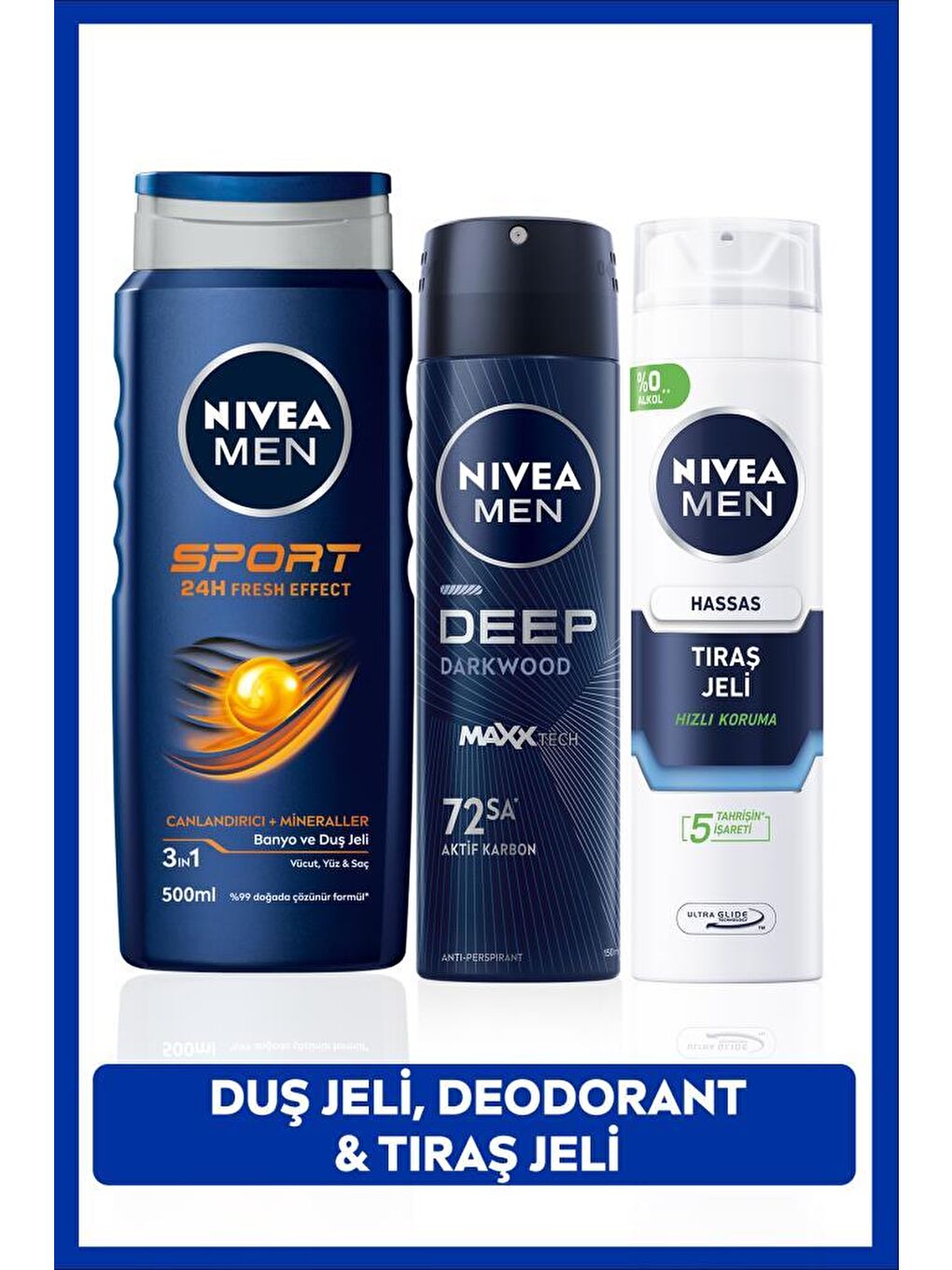 NIVEA Men Sport Saç Ve Vücut Şampuanı 500 ml Hassas Tıraş Jeli 200 ml Deodorant Sprey 150 ml