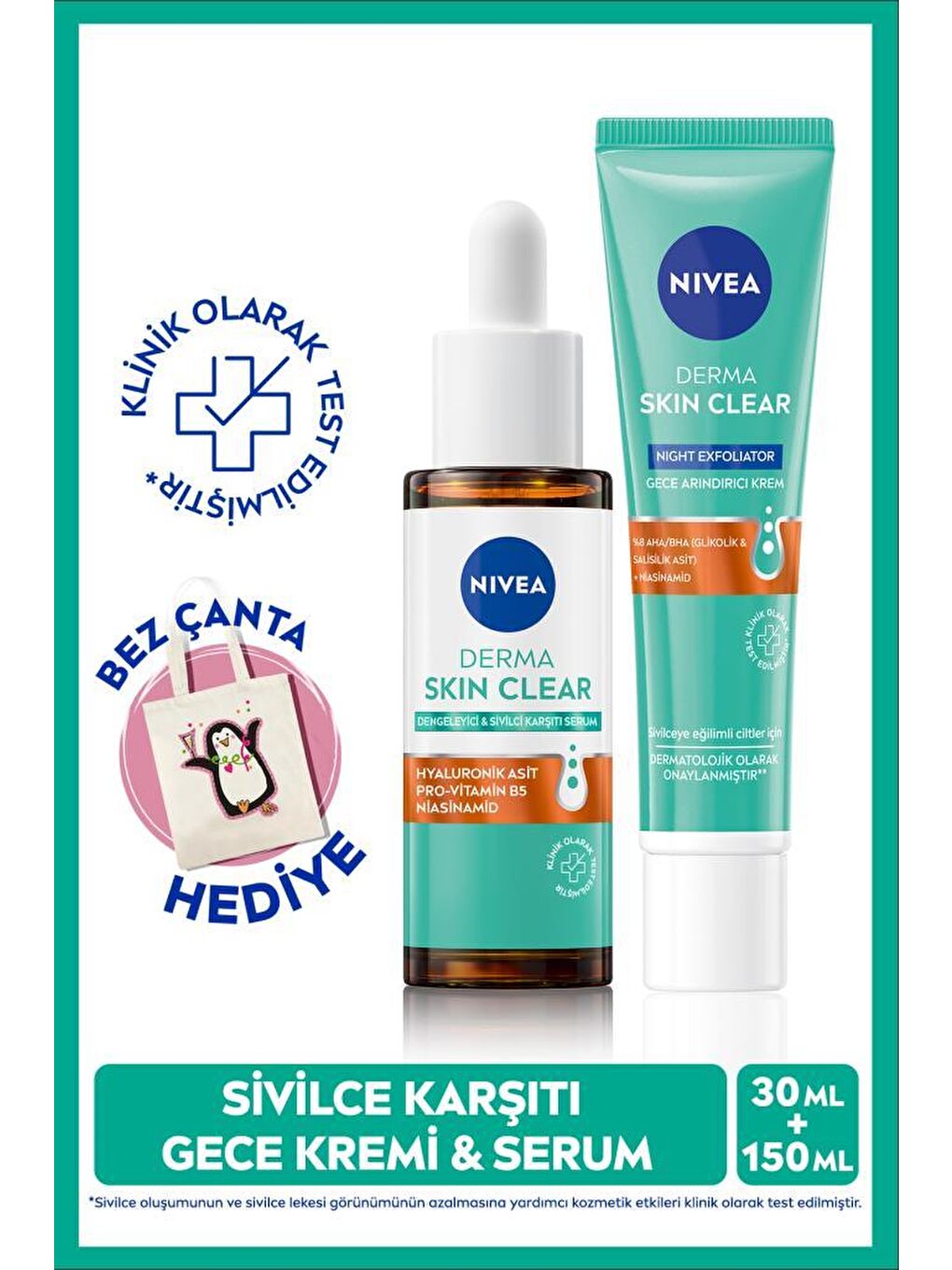 NIVEA Derma Skin Clear Dengeleyici ve Sivilce Karşıtı Serum 30ml ve Gece Arındırıcı Krem 40ml, Niasinamid