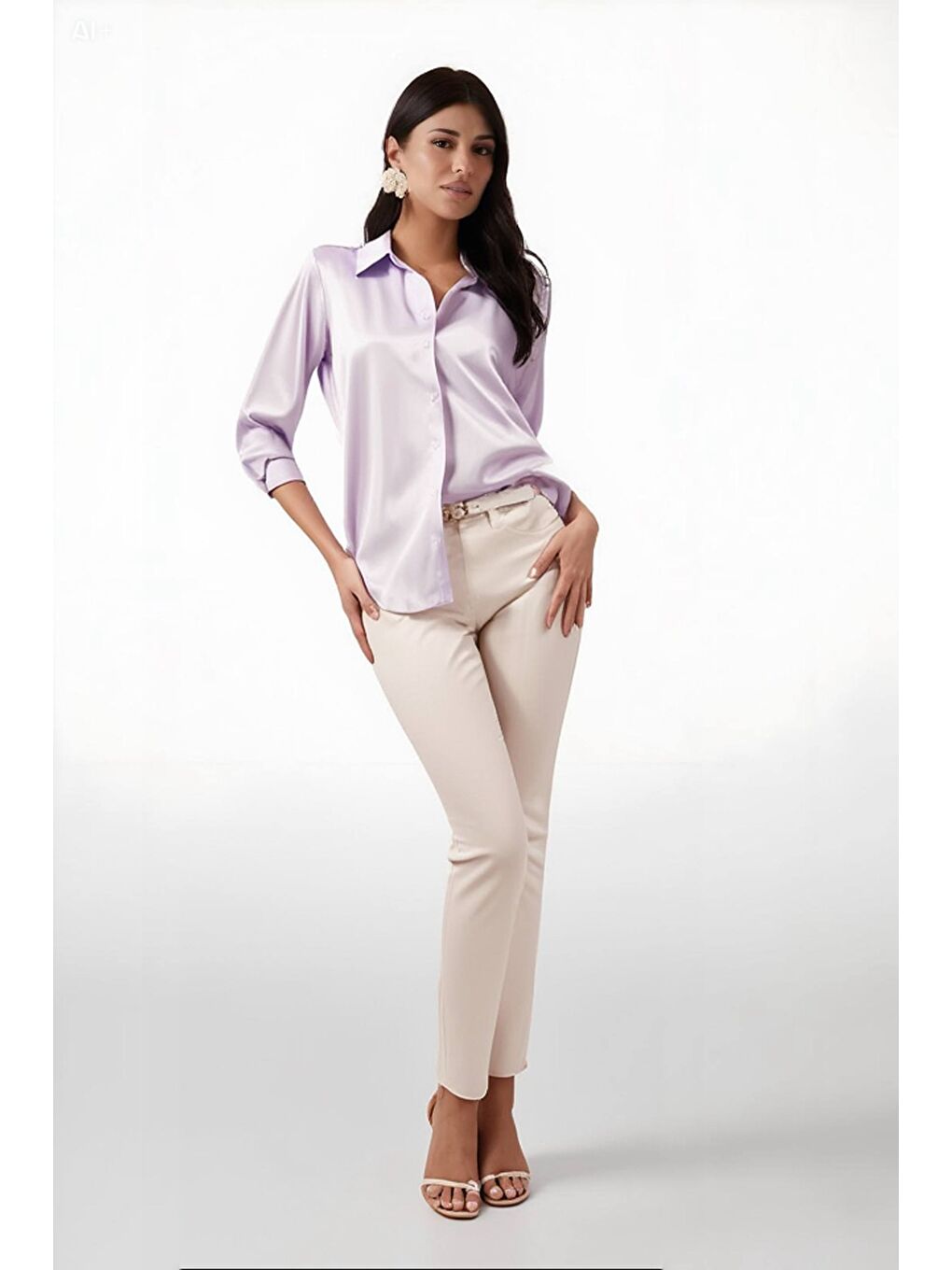 Kadın Açık Lila Hafif Dökümlü Saten Yüzeyli Gömlek HZL22W-BD139641-3