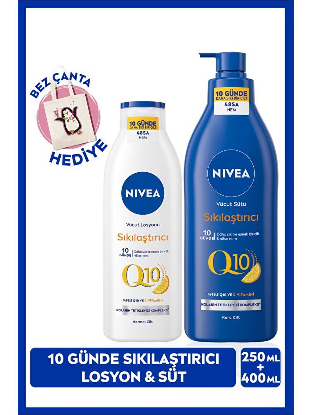 Q10 Sıkılaştırıcı Vücut Bakım Sütü 400ml ve Vücut Losyonu 250ml, C Vitamini, 48 Saat Nemlendirici