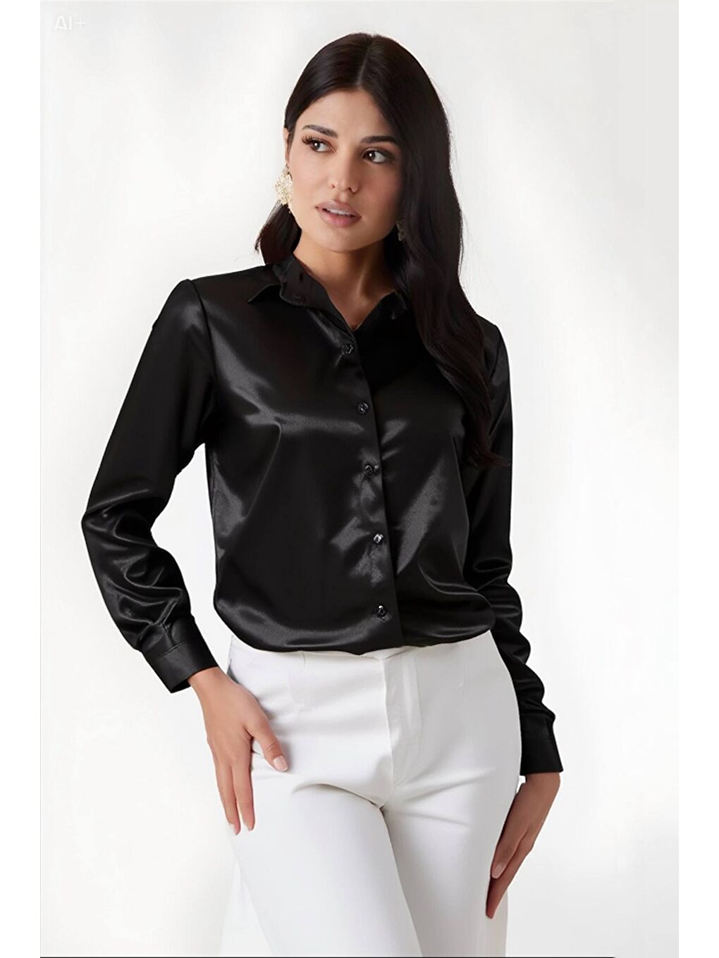 Kadın Siyah Hafif Dökümlü Saten Yüzeyli Gömlek HZL22W-BD139641