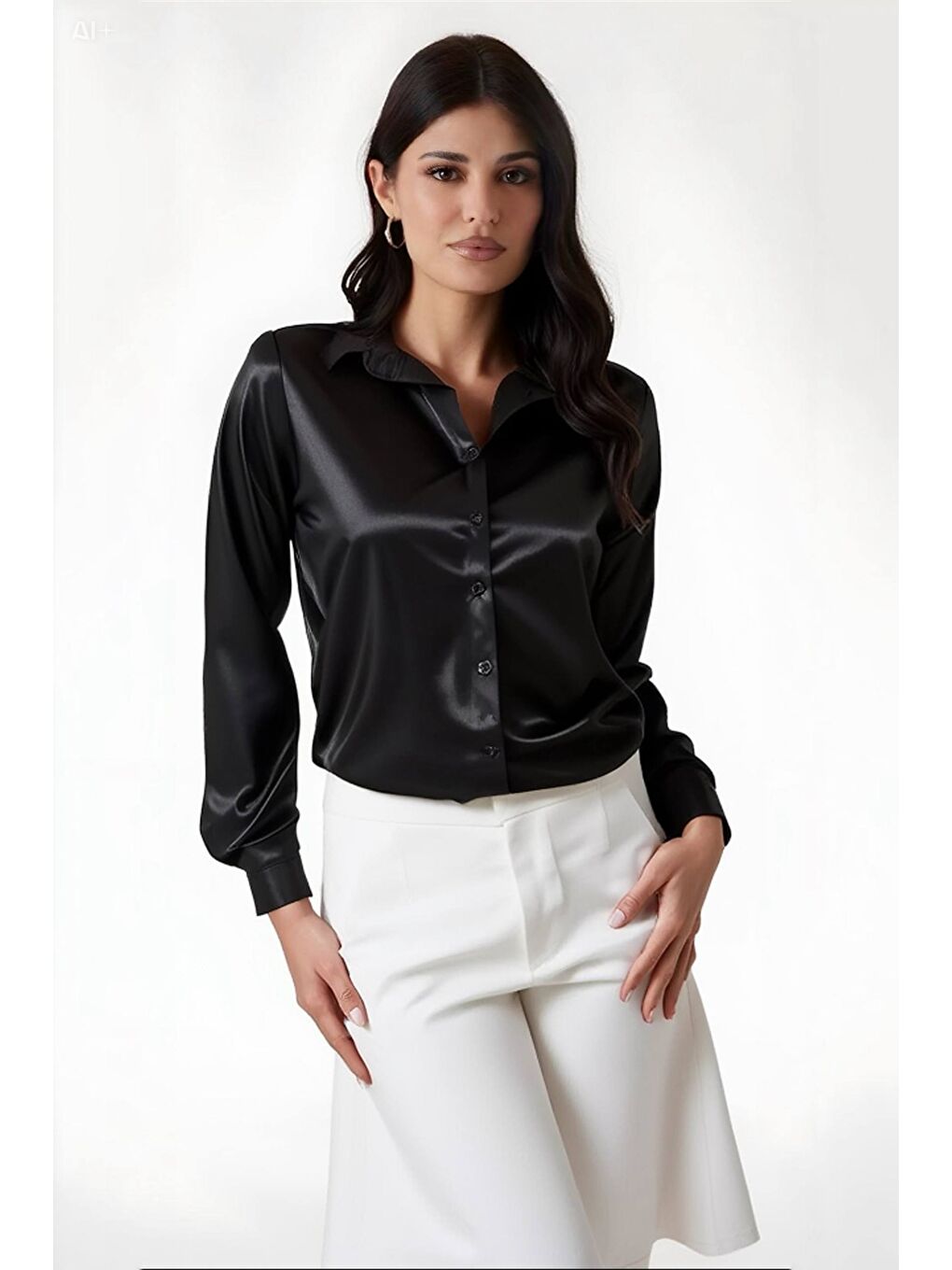 Kadın Siyah Hafif Dökümlü Saten Yüzeyli Gömlek HZL22W-BD139641-2