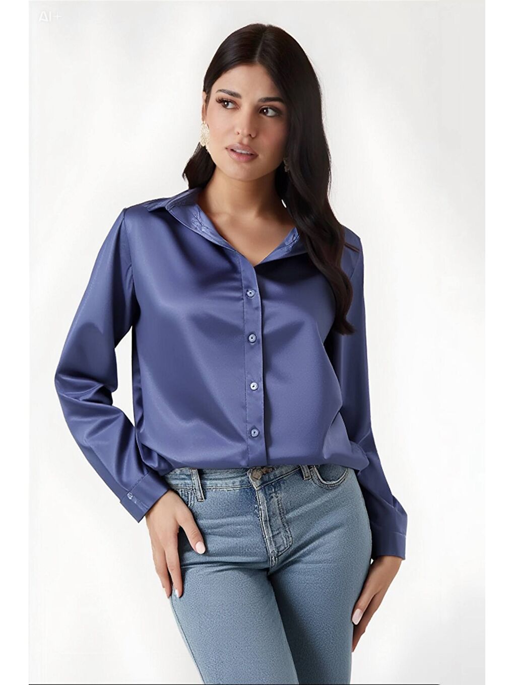 Kadın Mavi Hafif Dökümlü Saten Yüzeyli Gömlek HZL22W-BD139641