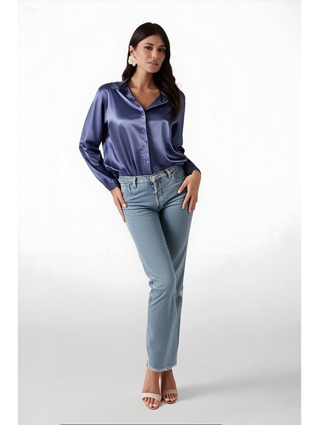 Kadın Mavi Hafif Dökümlü Saten Yüzeyli Gömlek HZL22W-BD139641-1
