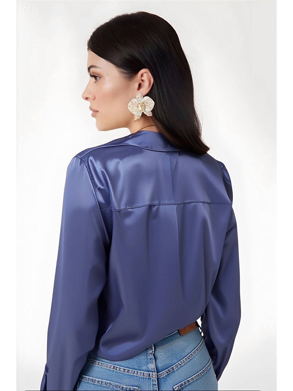 Kadın Mavi Hafif Dökümlü Saten Yüzeyli Gömlek HZL22W-BD139641-3