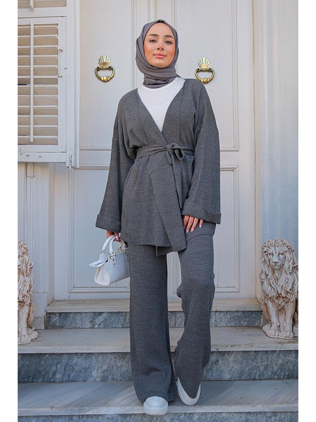 Kadın Alt Üst Triko Takım Gri-2