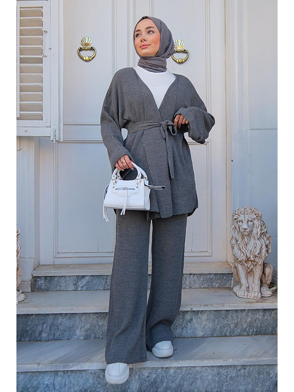 Kadın Alt Üst Triko Takım Gri-3