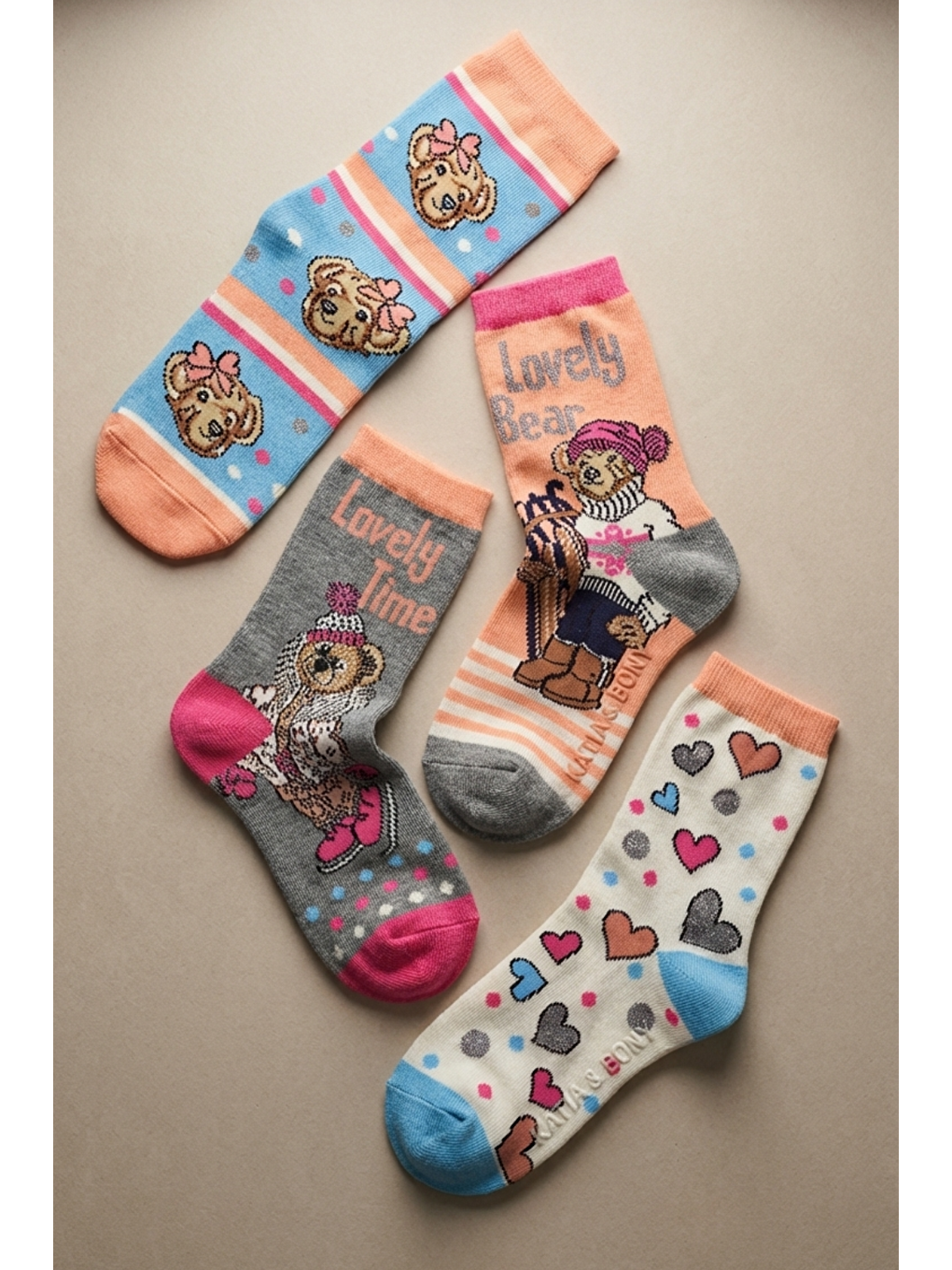 Karışık 4 Lü Paket Lovely Bear Kız Çocuk Soket Çorap Desenli-1