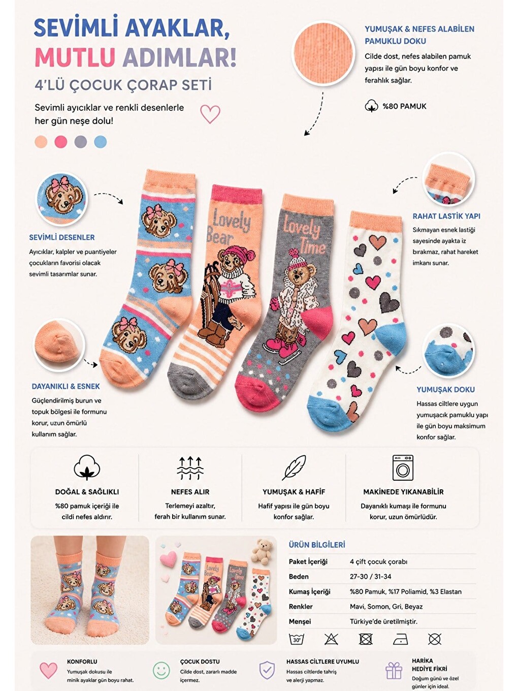 Karışık 4 Lü Paket Lovely Bear Kız Çocuk Soket Çorap Desenli-2