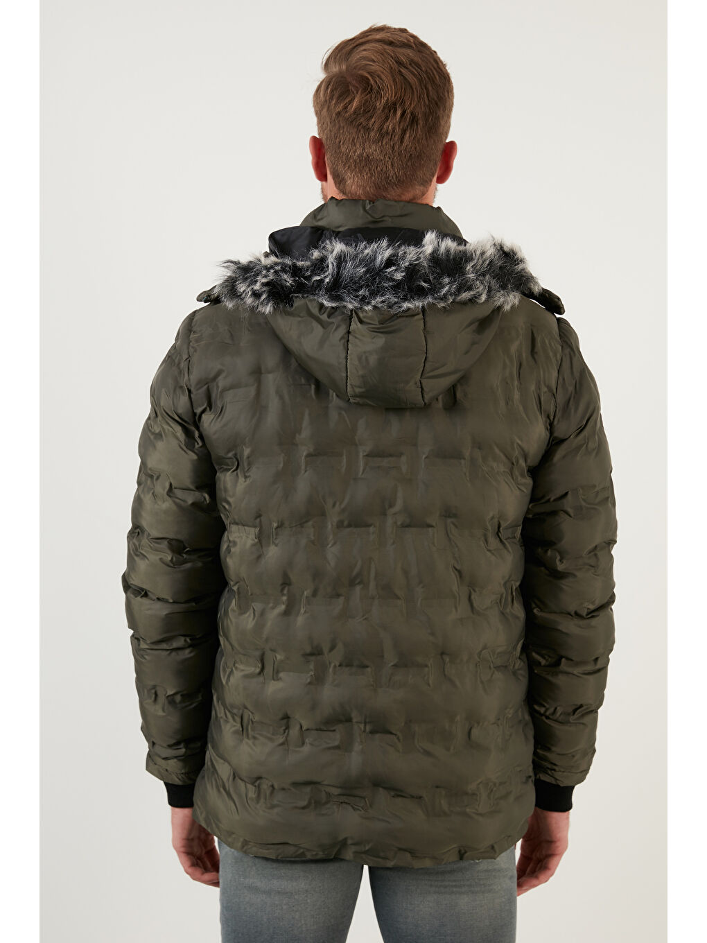 Haki Slim Fit Fermuarlı Çıkarılabilir Kapüşonlu Şişme Erkek Mont 5760065-5