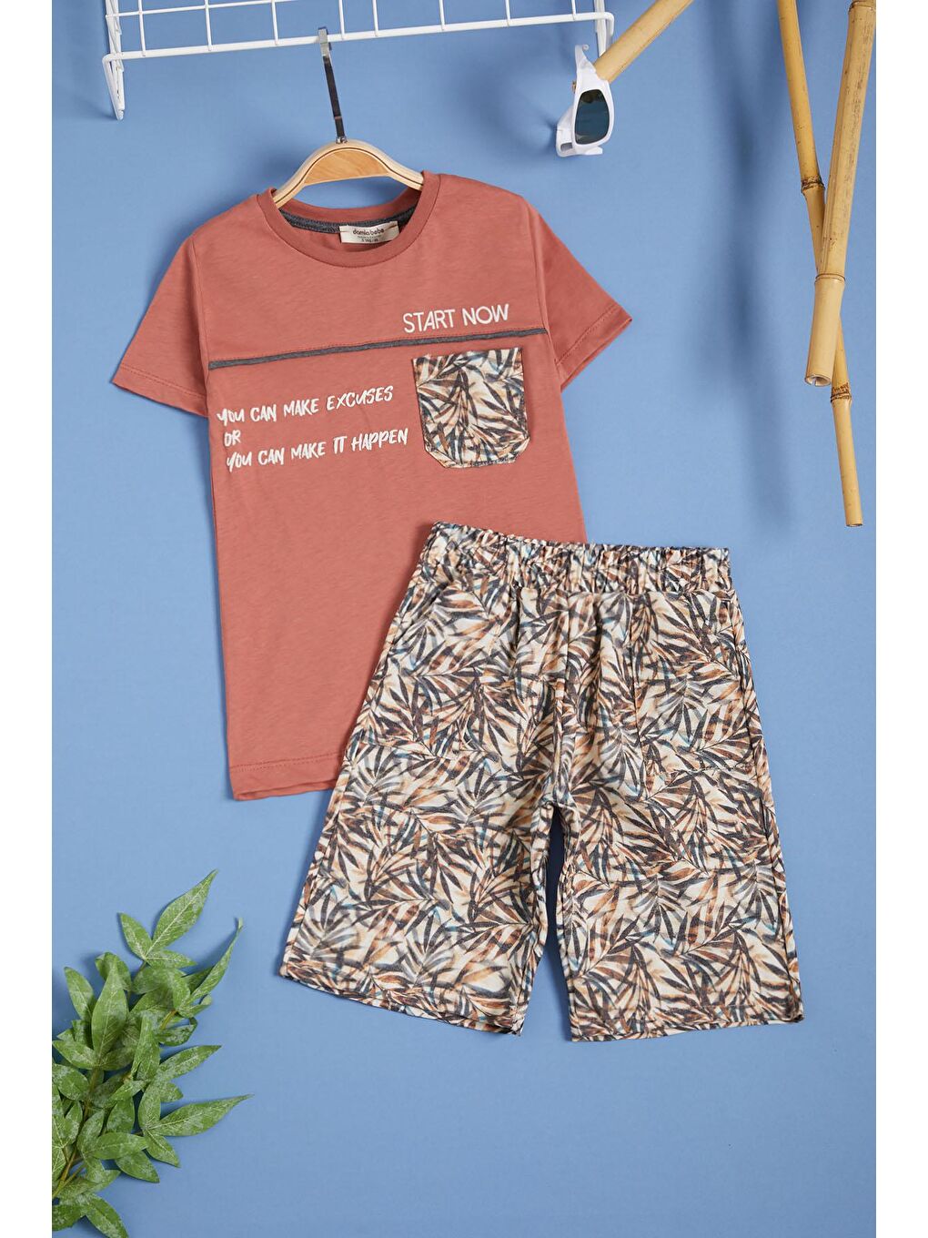Turuncu Yazılı Erkek Çocuk Desenli Şortlu Takım 15558