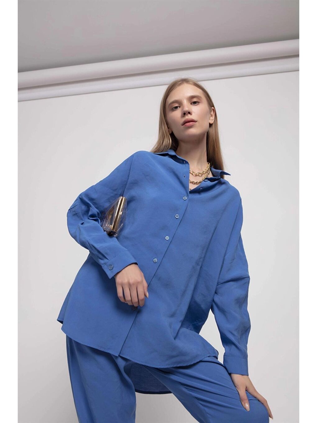 Mavi Saten Gömlek Pantolon İkili Takım-1