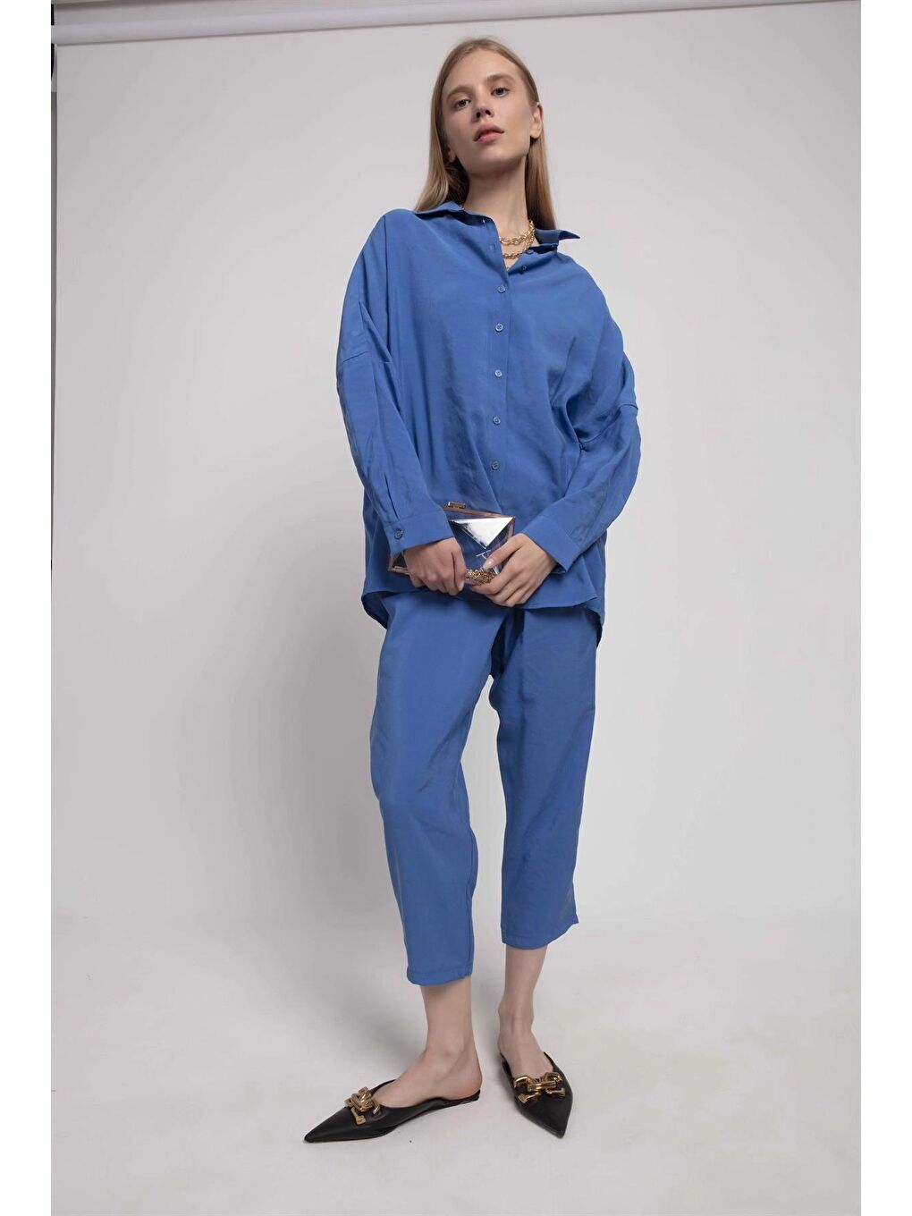 Mavi Saten Gömlek Pantolon İkili Takım-2