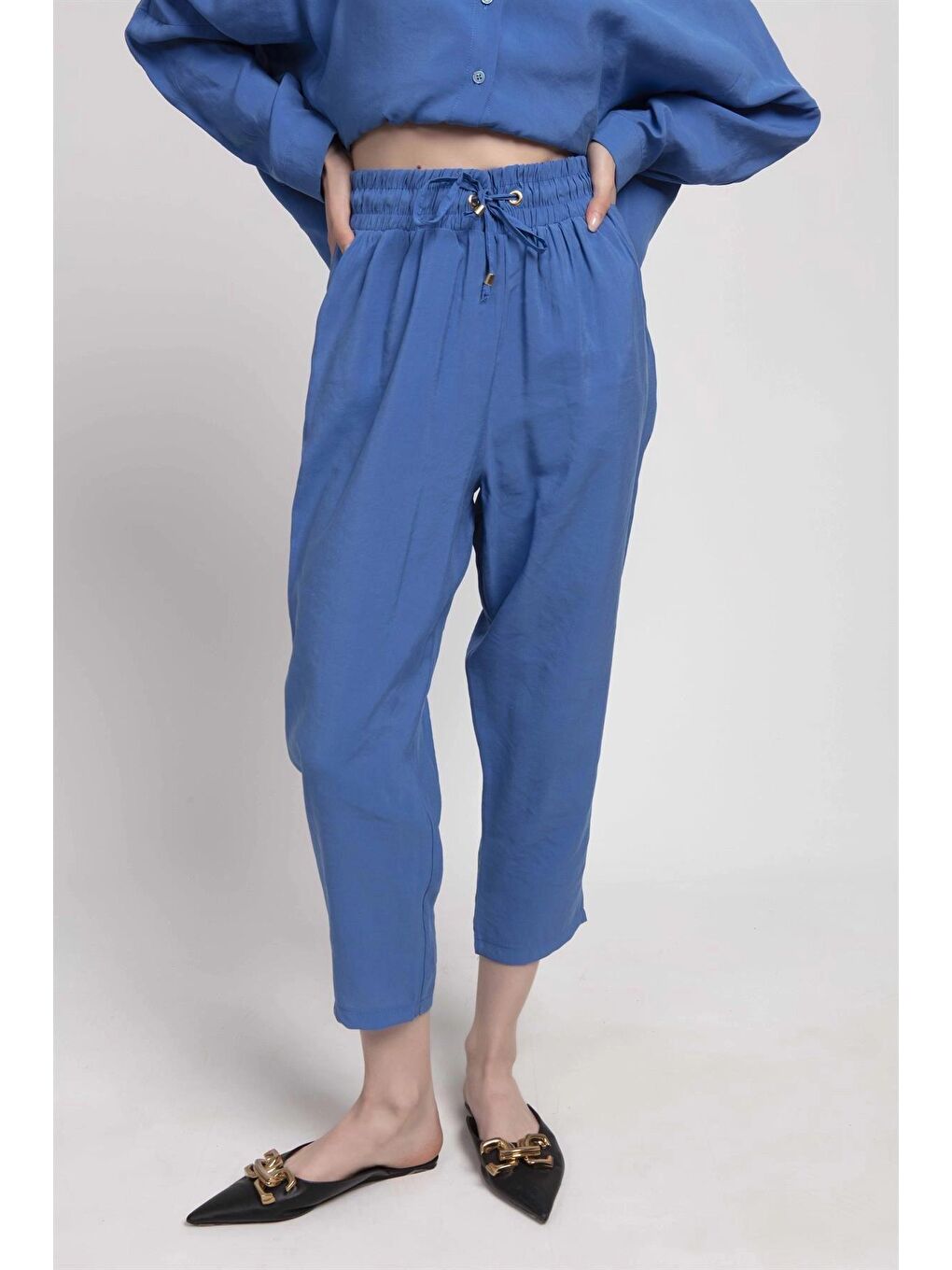 Mavi Saten Gömlek Pantolon İkili Takım-3