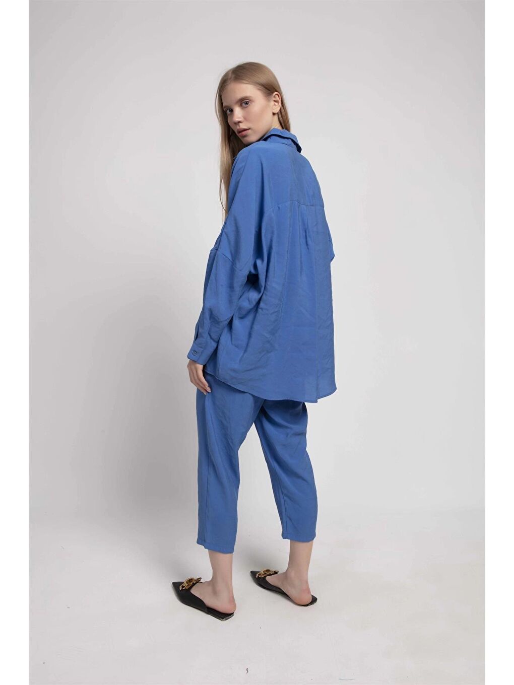 Mavi Saten Gömlek Pantolon İkili Takım-4