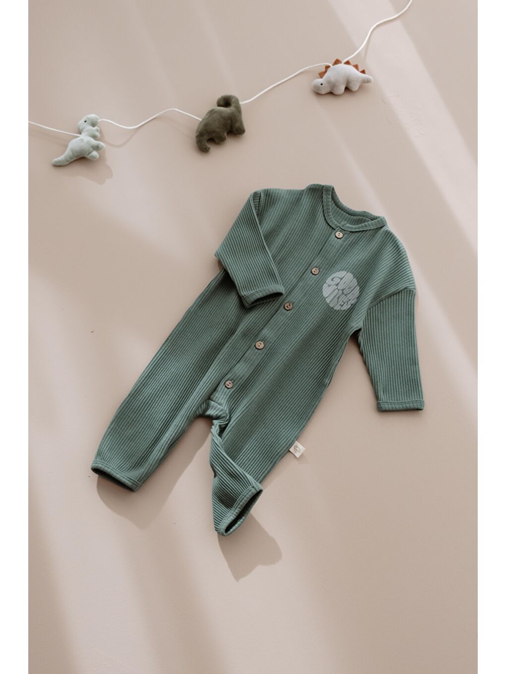 Haki Good Vibes Düğmeli Bebek Tulum-1