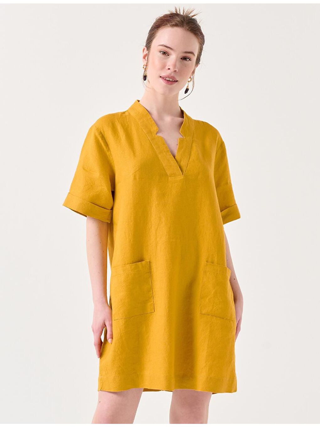 Sarı Hardal V Yaka Kısa Kollu Cepli Keten Elbise