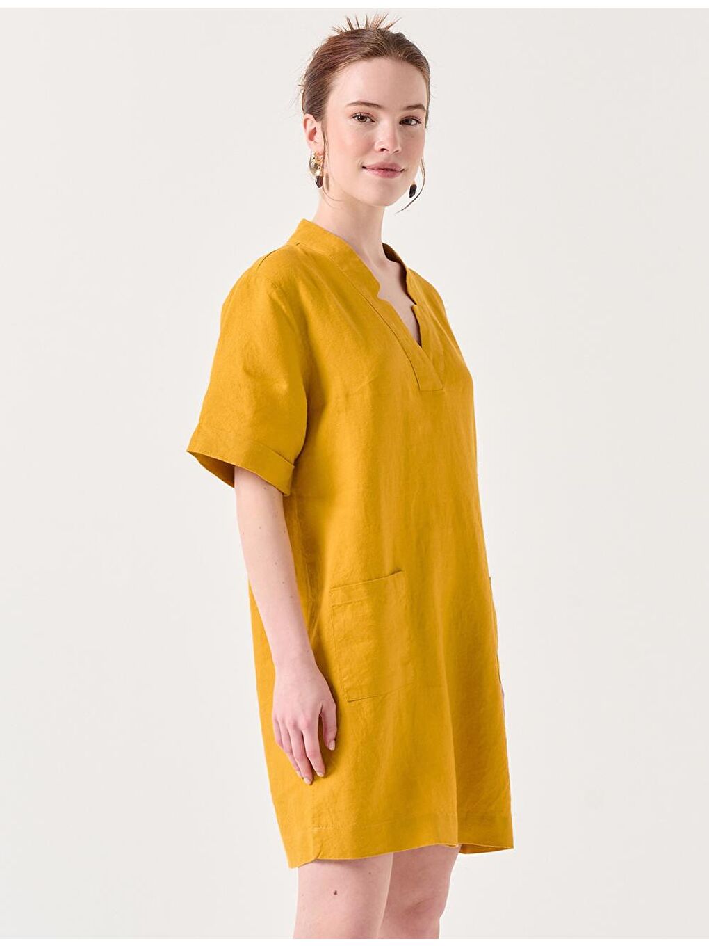 Sarı Hardal V Yaka Kısa Kollu Cepli Keten Elbise-2