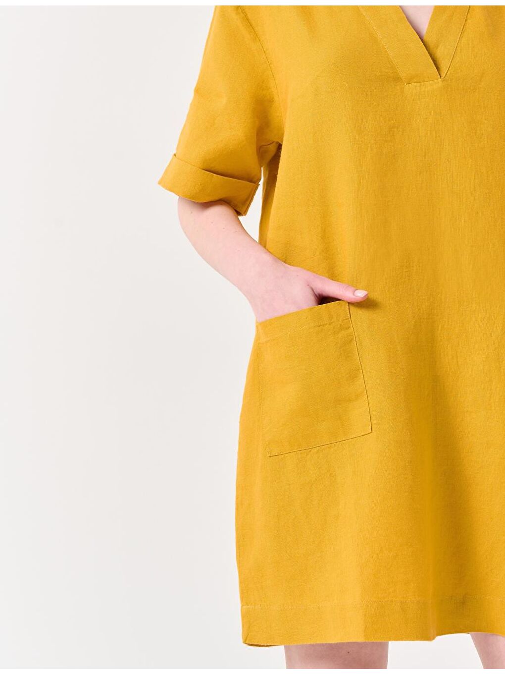Sarı Hardal V Yaka Kısa Kollu Cepli Keten Elbise-3