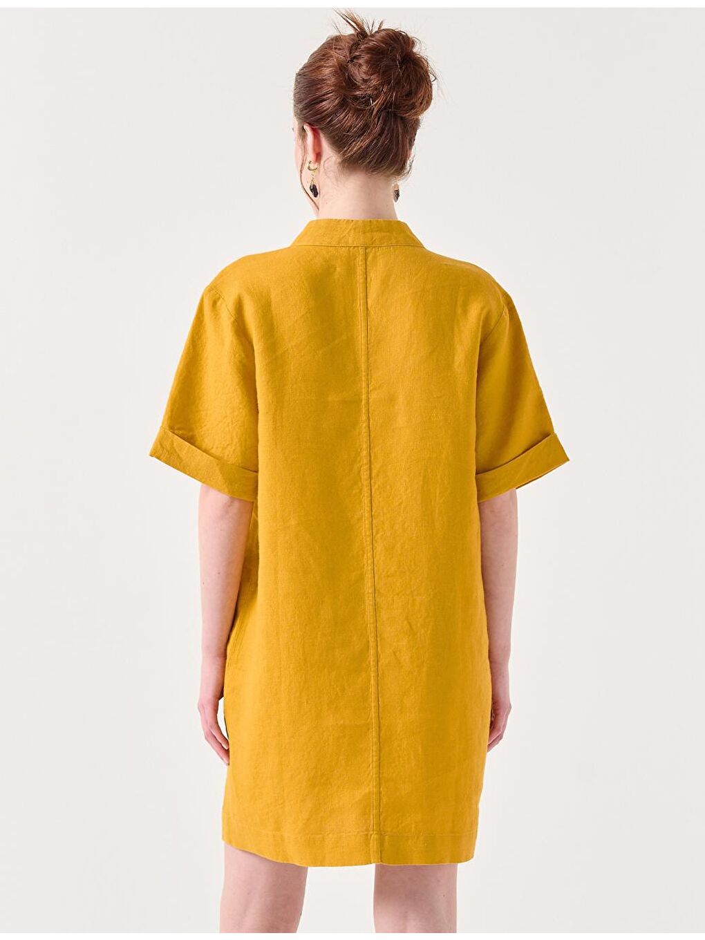 Sarı Hardal V Yaka Kısa Kollu Cepli Keten Elbise-4