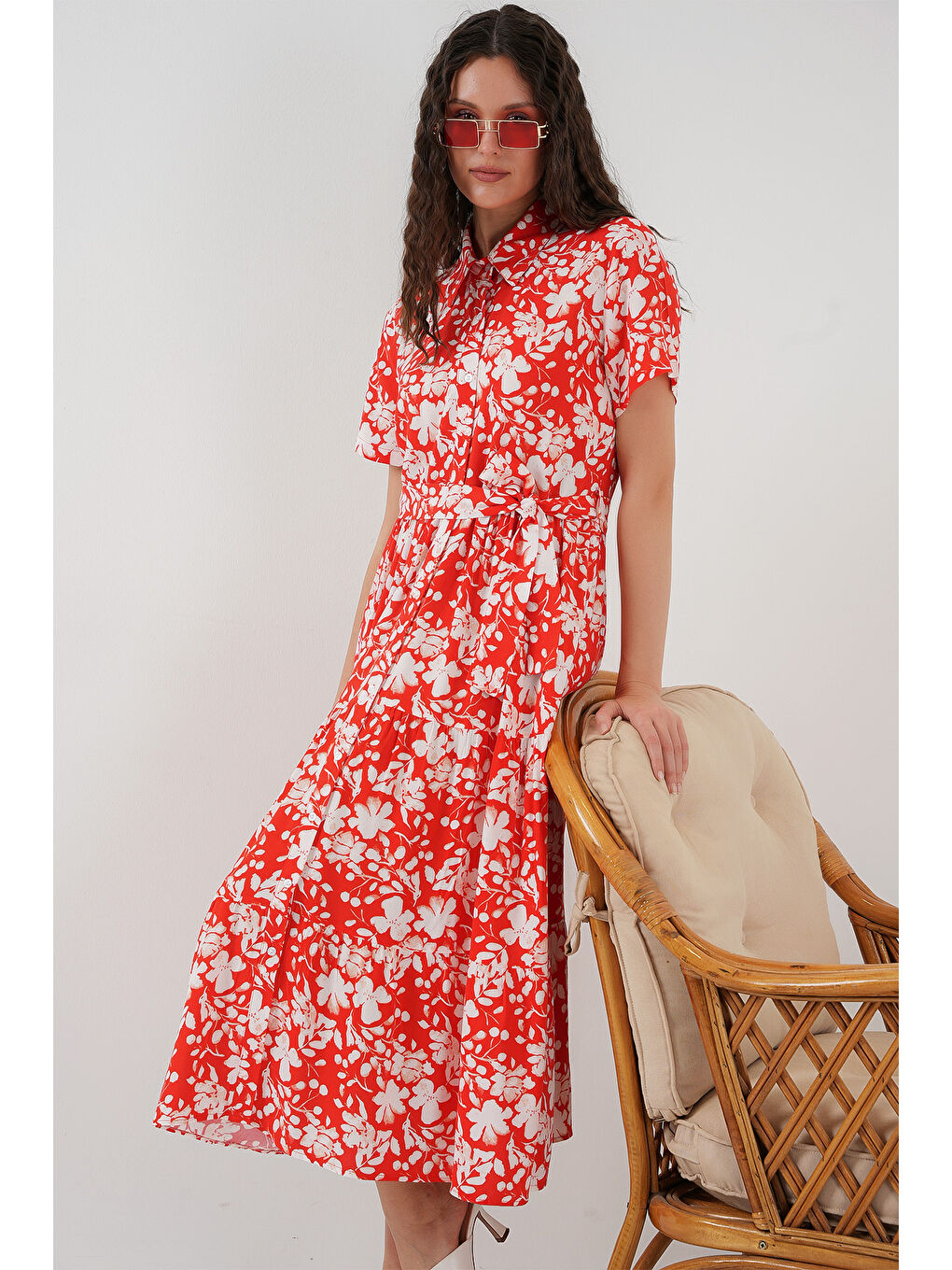 2191 Kısa Kol Desenli Elbise - A.Kırmızı-8