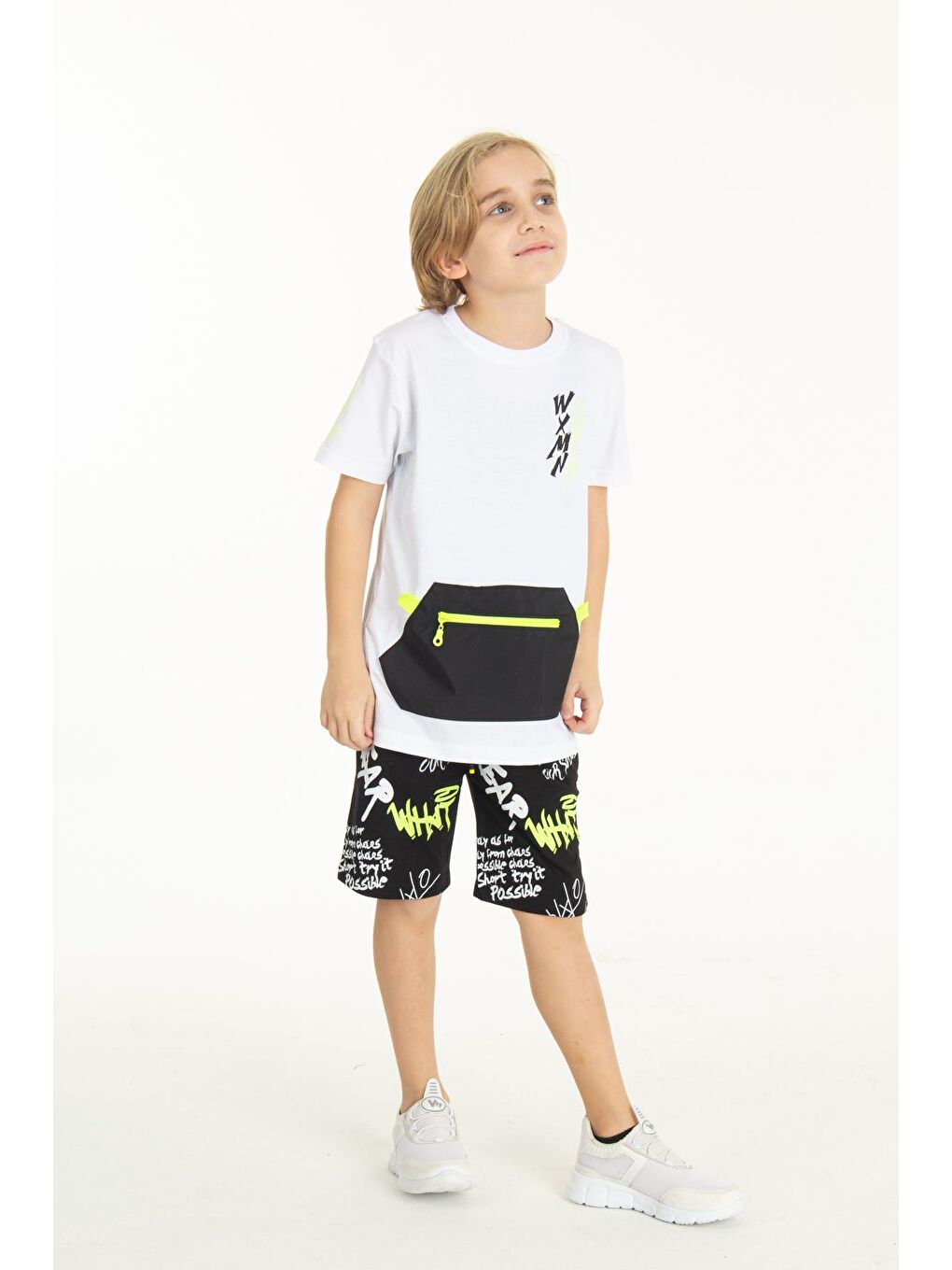 Beyaz Erkek Çocuk Fermuarlı Kanguru Cepli Şortlu Takım 14097-3