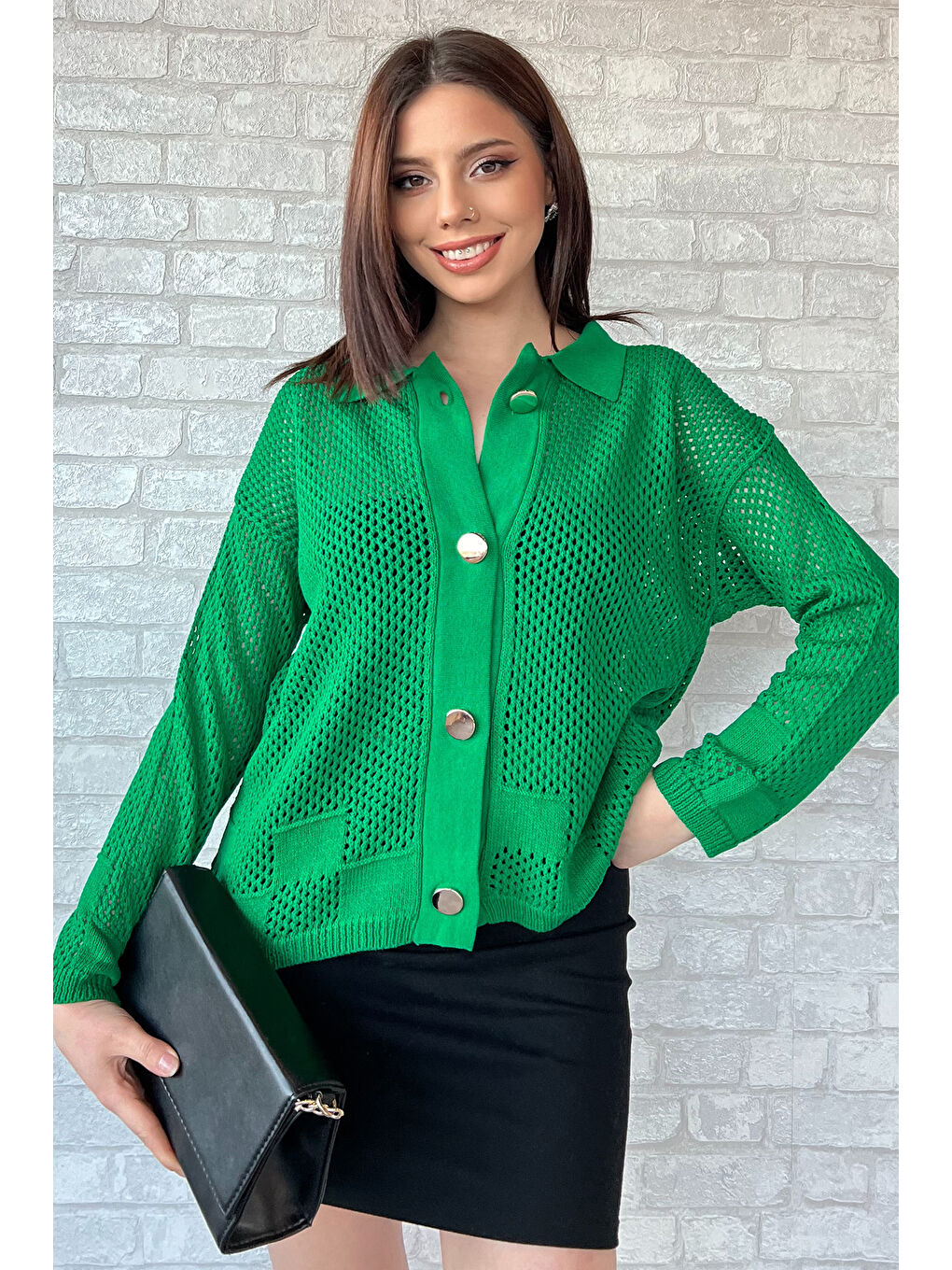 Yeşil Gold Düğme Detaylı Ajurlu Kadın Triko Örme Hırka-3