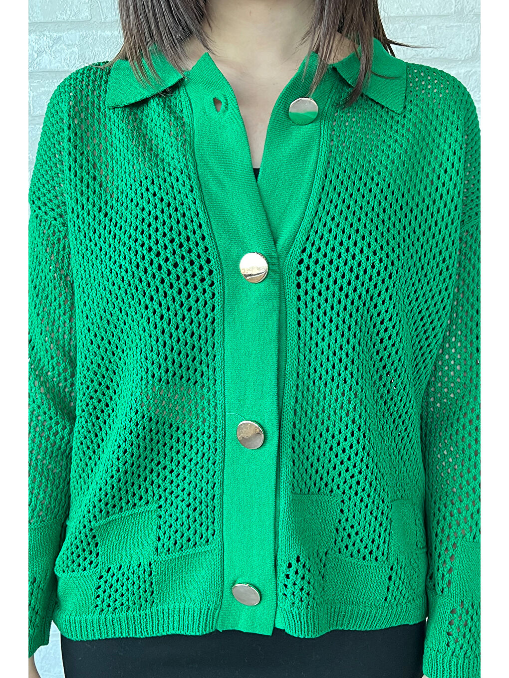 Yeşil Gold Düğme Detaylı Ajurlu Kadın Triko Örme Hırka-5