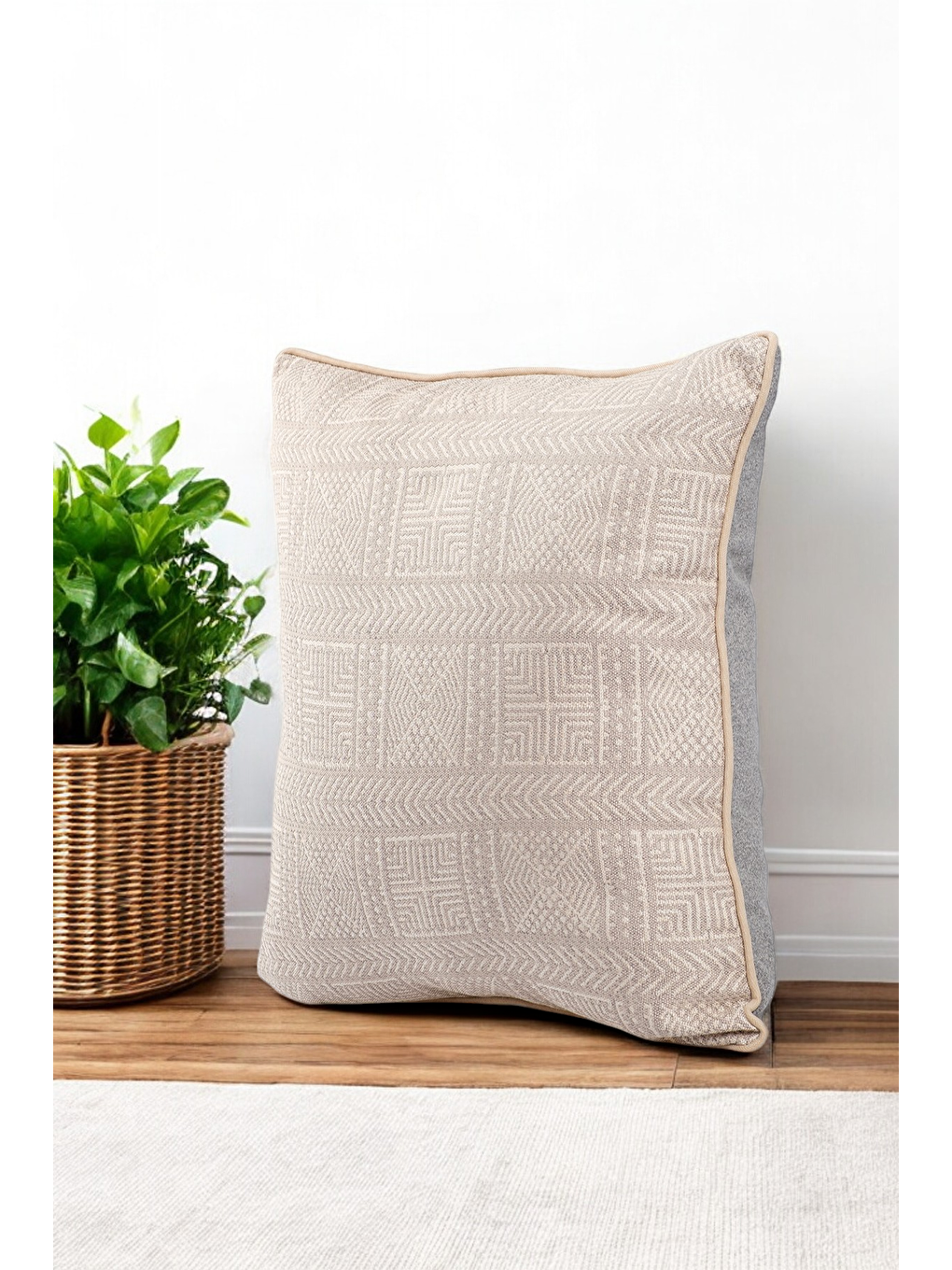 Bej Özel Tasarım 43x43 Dokuma Kırlent Kılıfı Biyeli Gizli Fermuarlı Dekoratif Salon